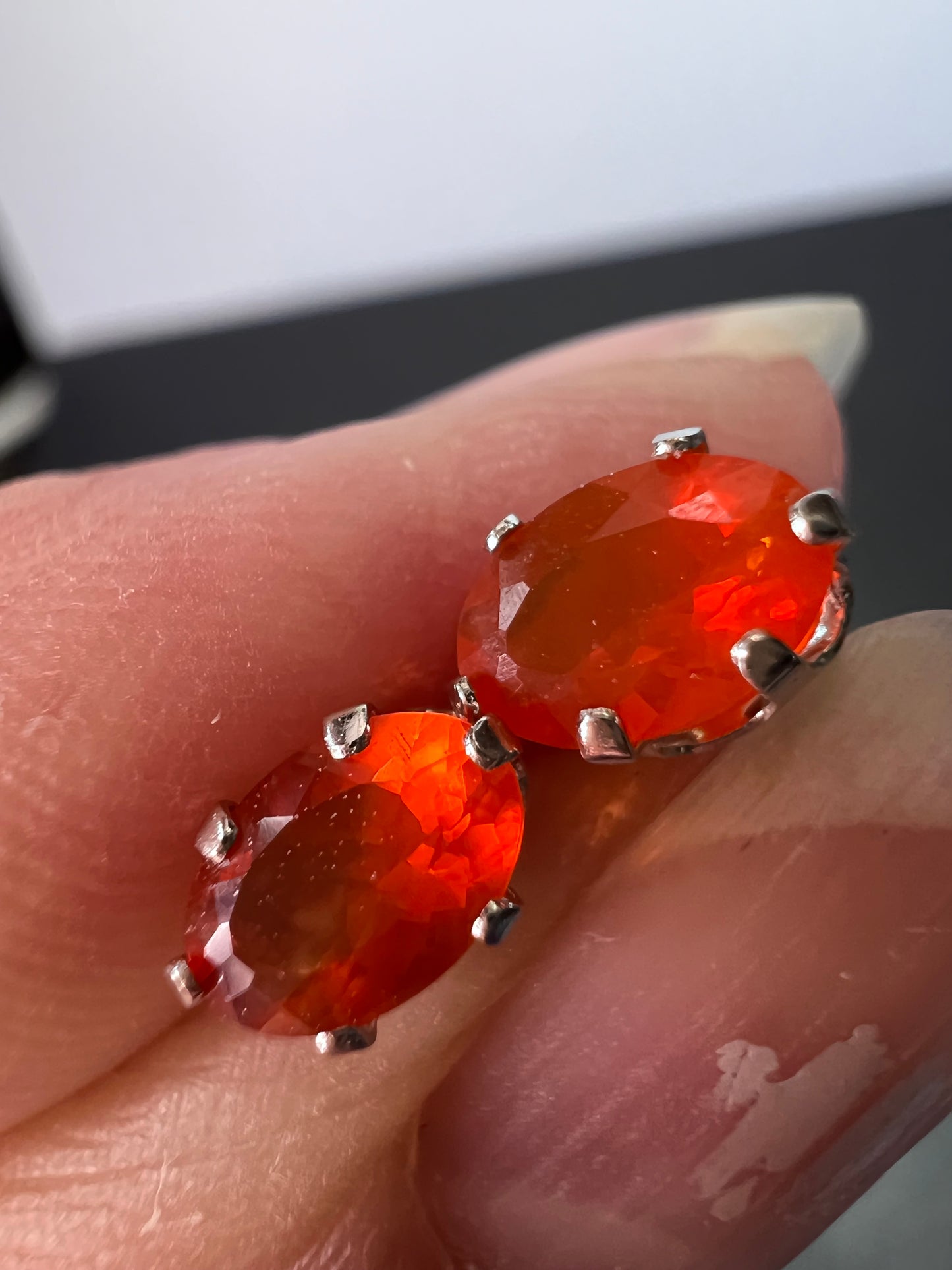 10k white gold Mexican fire opal stud earrings