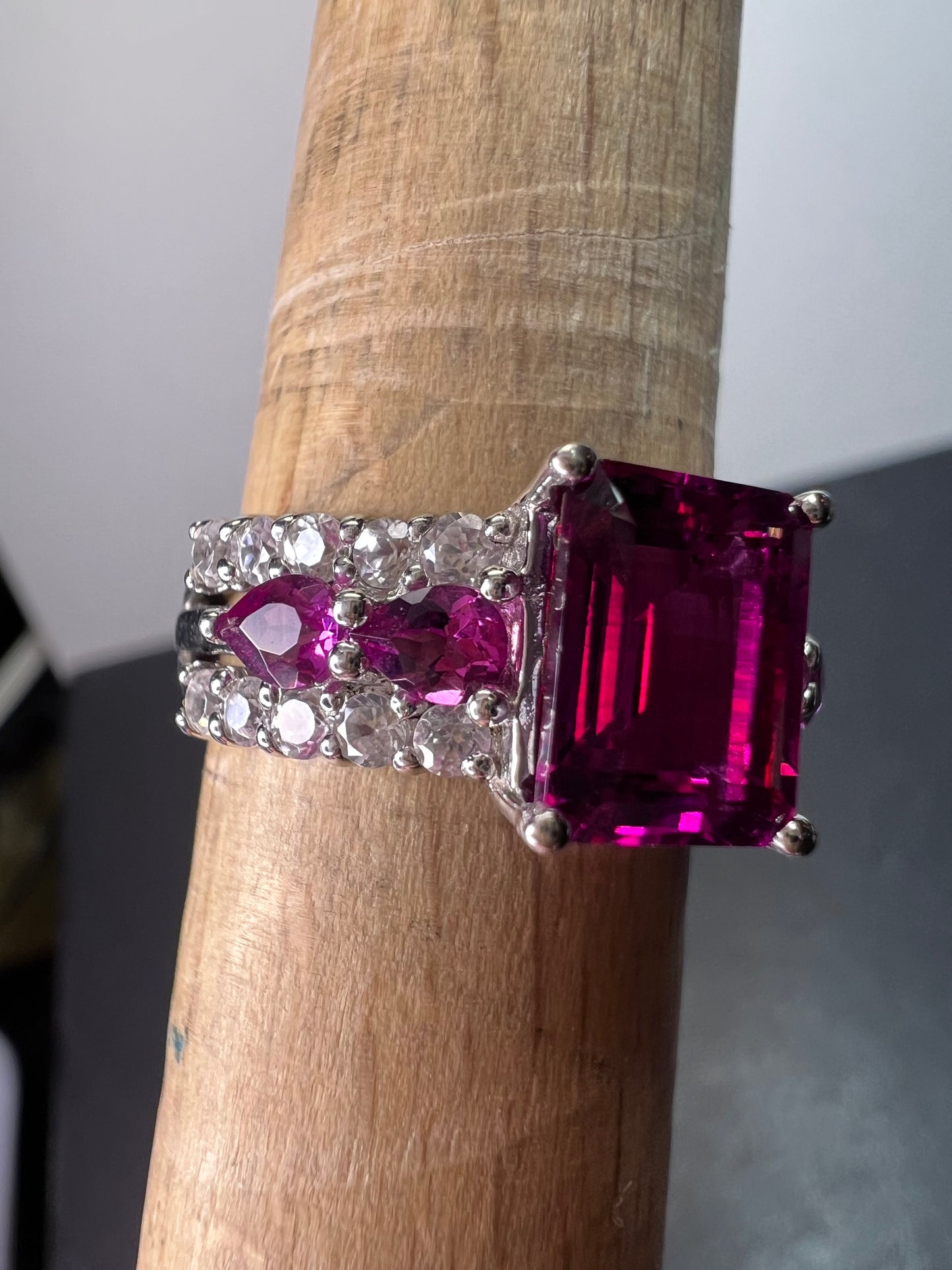 Lab pink tourmaline and white topaz statement ring size 8