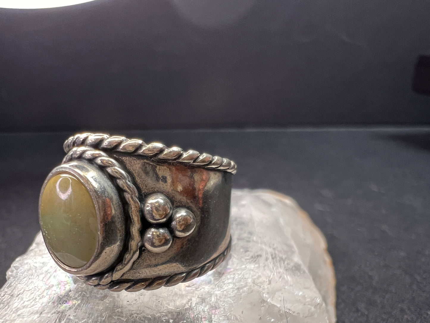 Vintage Sterling Silver Size 6 Ring | Artisan Style Green Cabochon Band