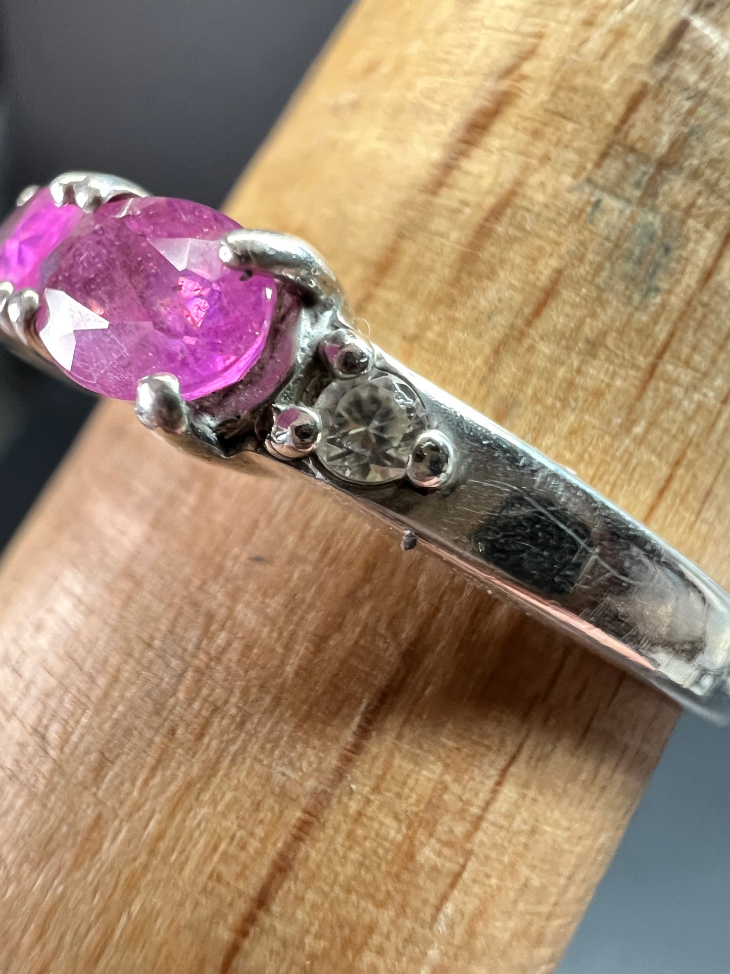 Pink Sapphire & White Zircon Sterling Silver Ring Size 9