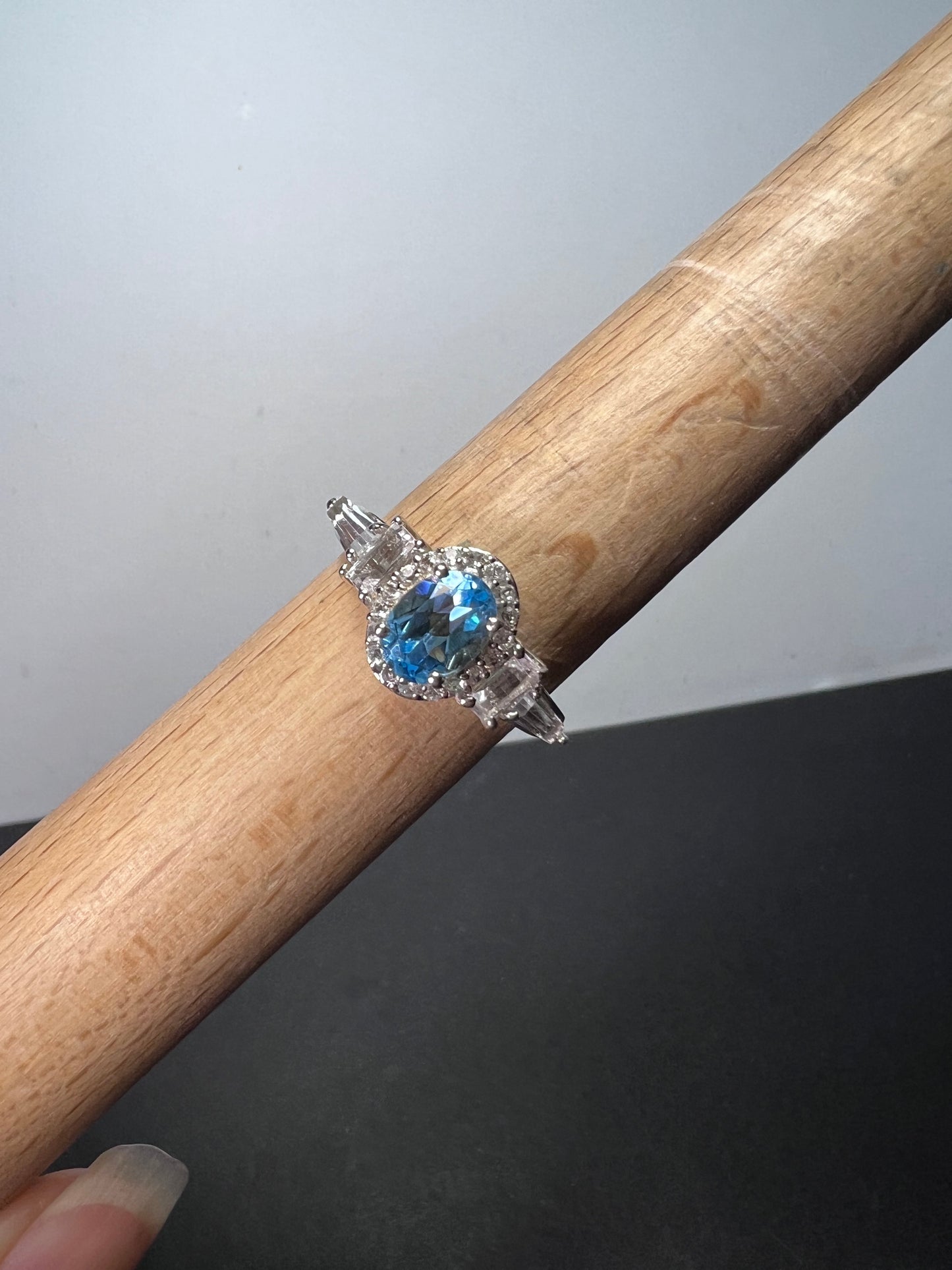 Blue and white topaz sterling silver halo ring size 9