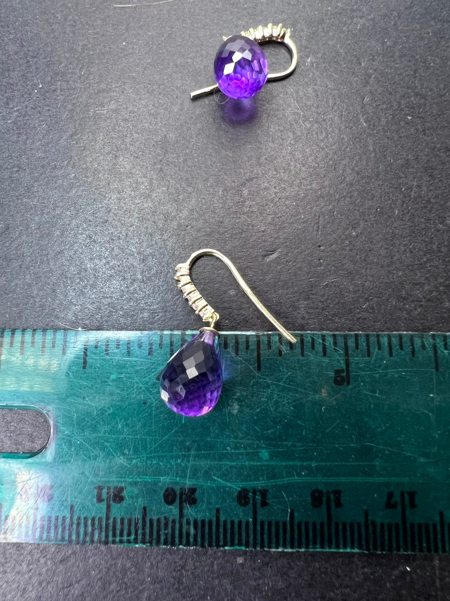 14k gold amethyst briolette and diamond dangle earrings