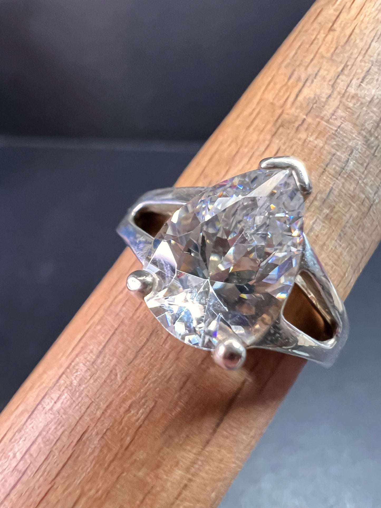 Vintage CZ Pear Solitaire in Sterling Silver, Open Gallery Split Shank, Size 9