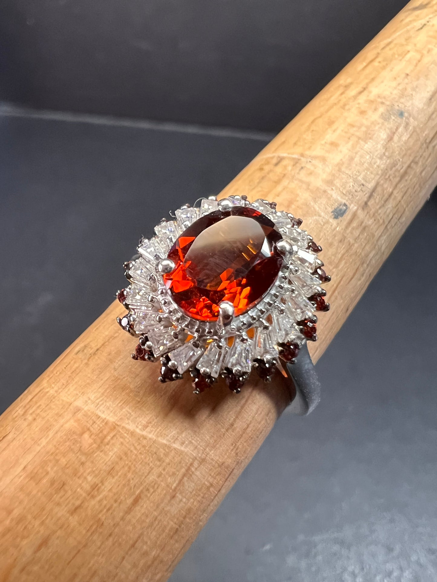 NEW Cherry citrine and Moissanite halo ring in platinum over sterling silver size 8