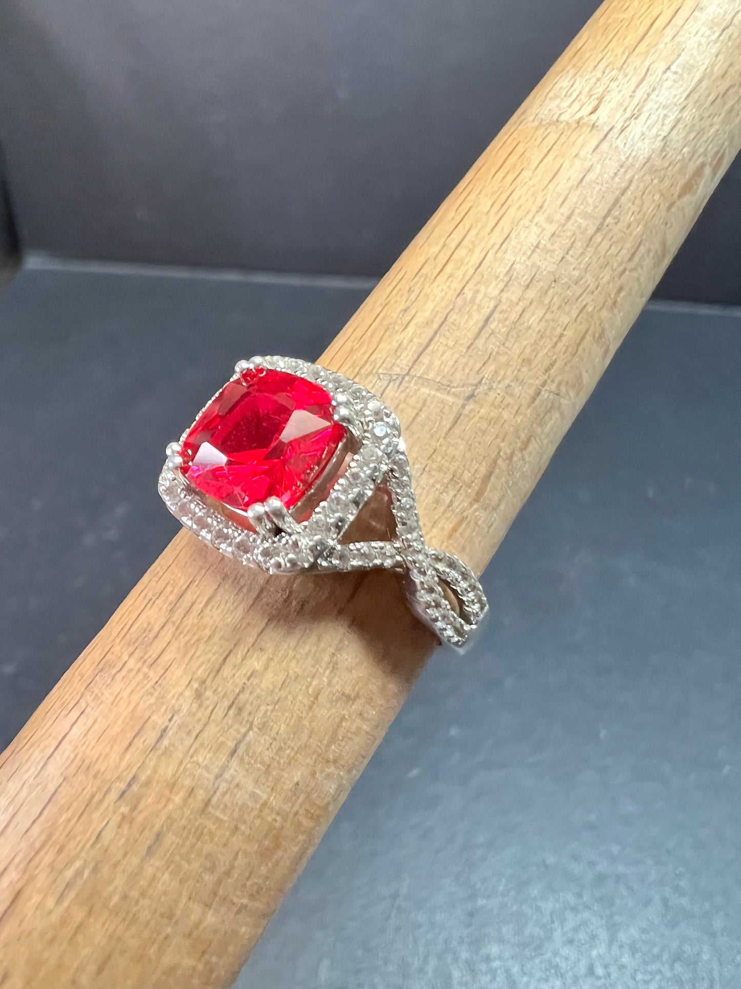 Sterling Silver Lab Ruby Halo Ring Size 7 DHJ 925