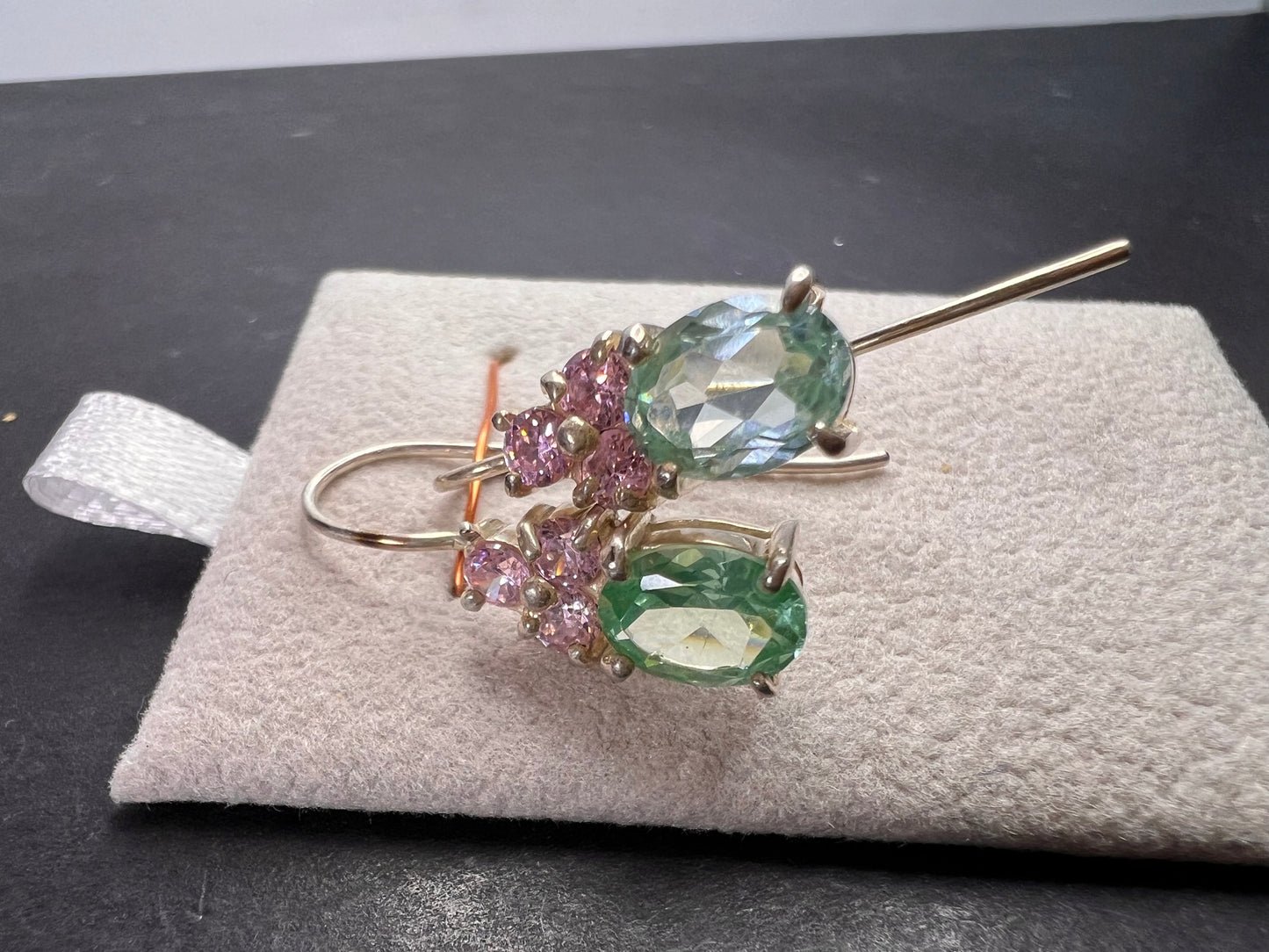 Aqua spinel and pink CZ sterling silver earrings by HAN