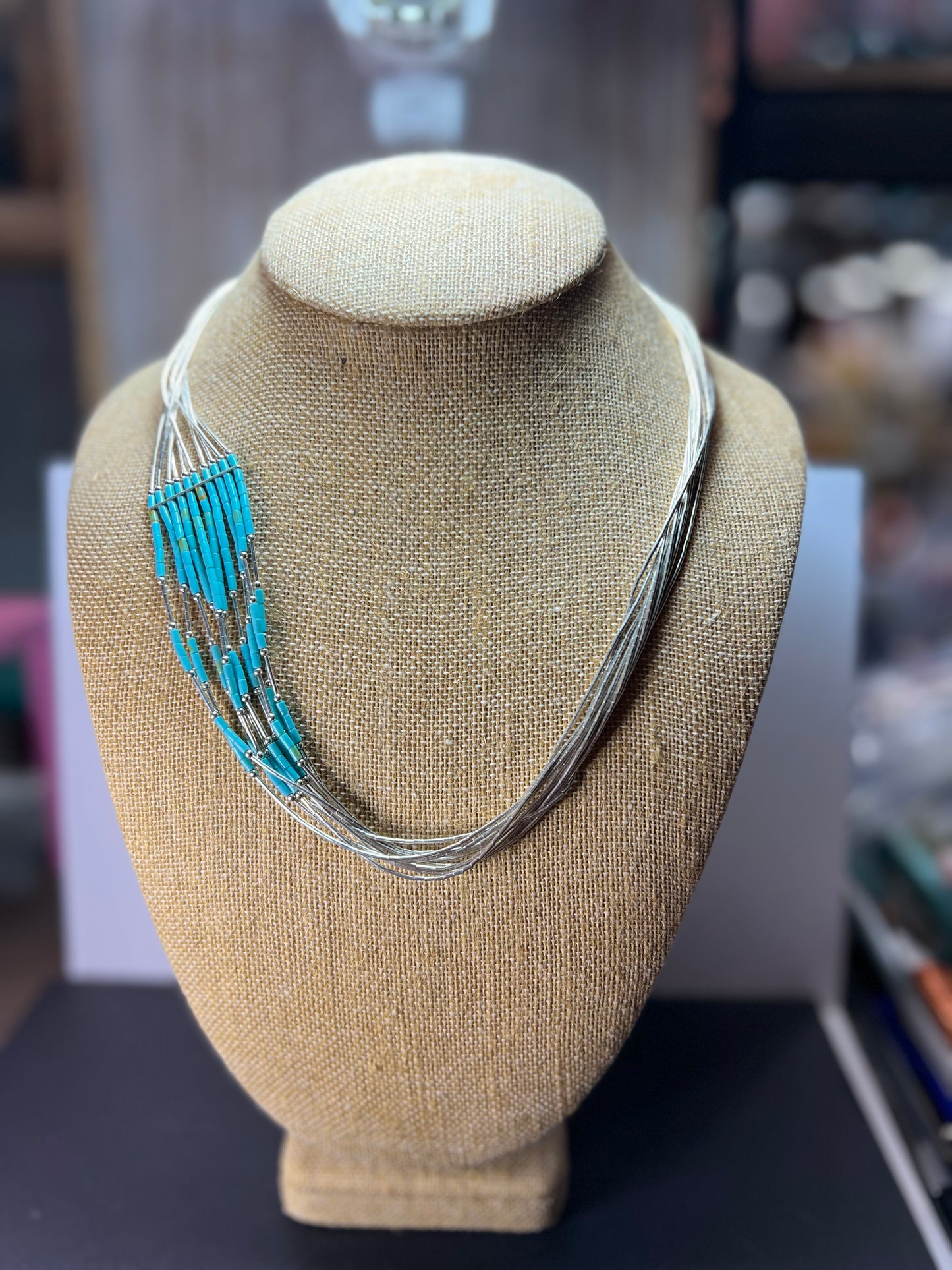 Southwest style liquid silver heishi turquoise 10 strand necklace