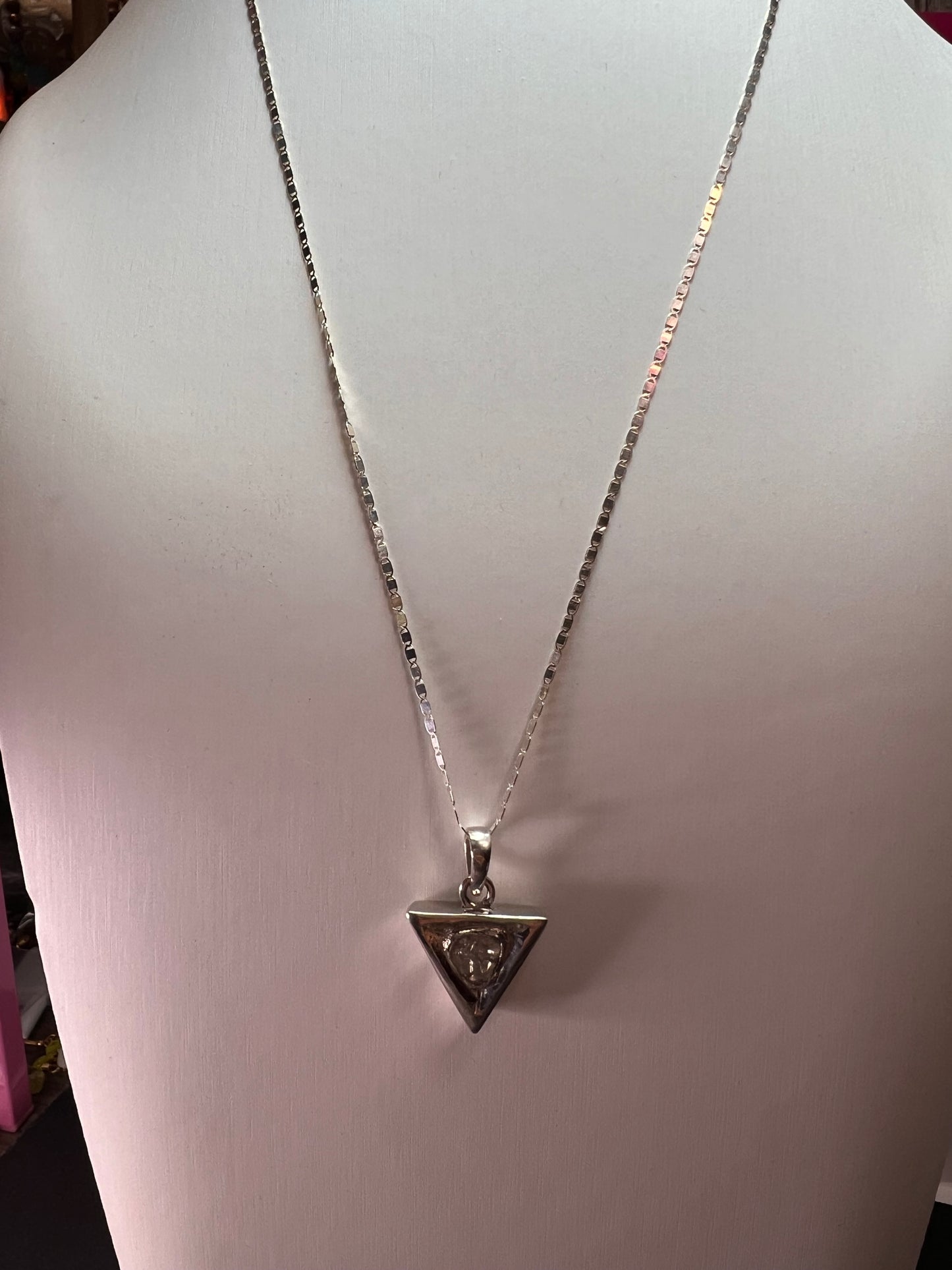 Downward triangle polki diamond pendant and chain necklace in platinum over sterling silver