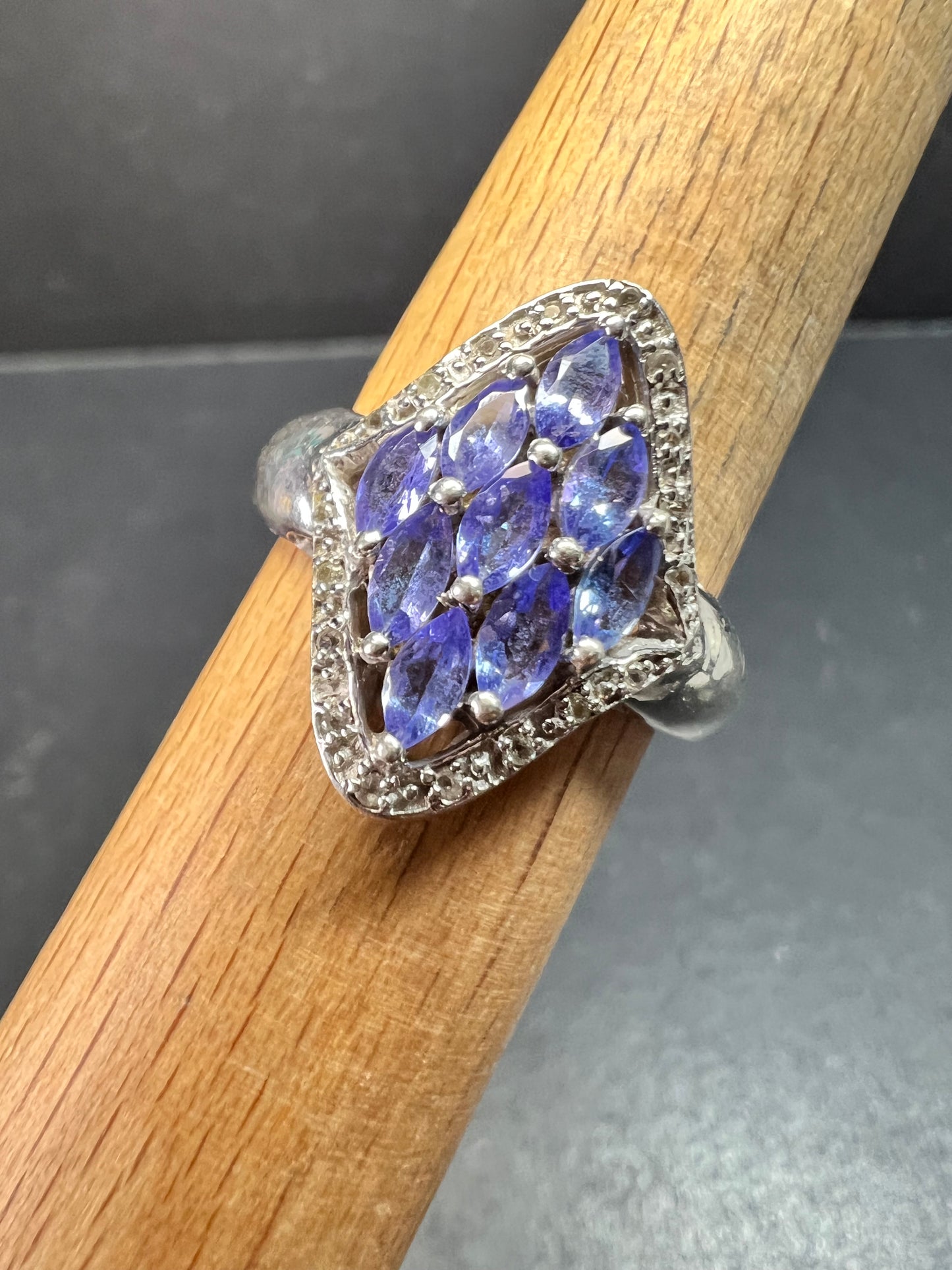 Vintage Tanzanite Diamond Sterling Silver Marquise Ring Size 9
