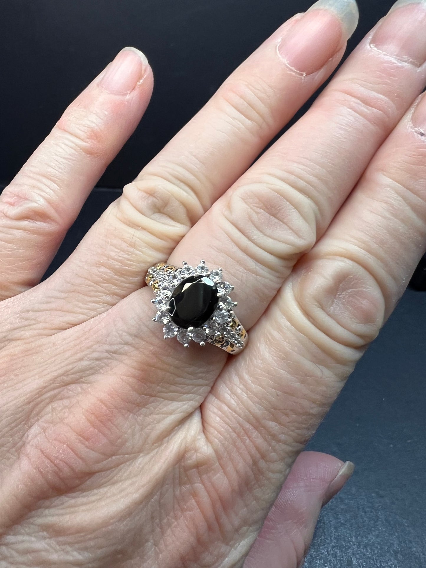 NEW Elite Shungite and zircon halo ring in vermeil and rhodium over sterling silver size 8