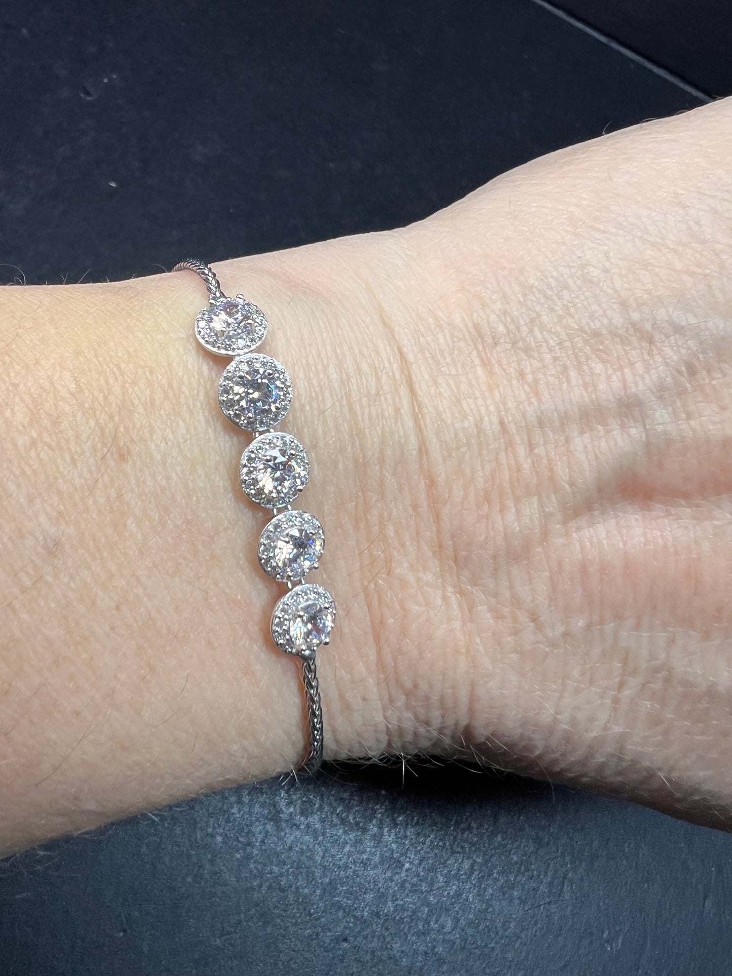 Sterling Silver CZ Halo Bolo Bracelet Adjustable Sparkle Slider Bracelet