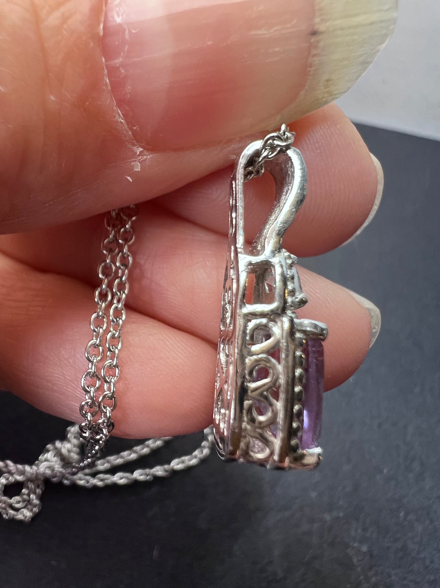 Rose de France amethyst and white topaz sterling silver pendant with stainless steel chain