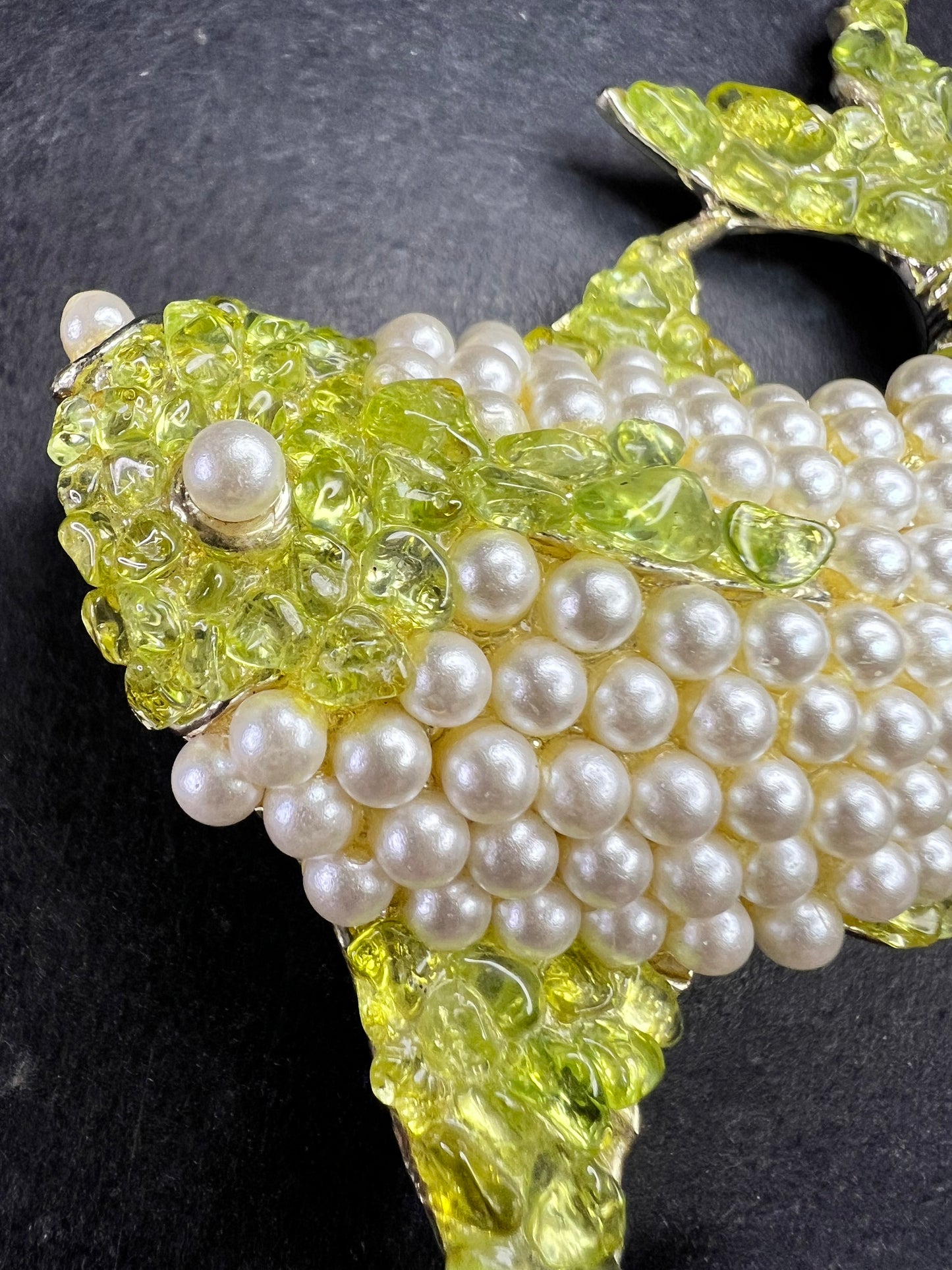 Vintage Faux Pearl & Genuine Peridot Fish Brooch Statement Pin