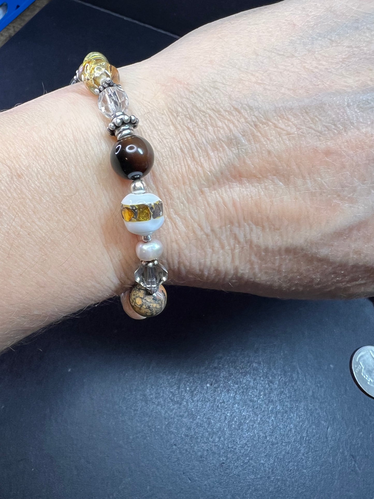 Vintage sterling silver, semi precious stones and glass toggle 8 inch bracelet