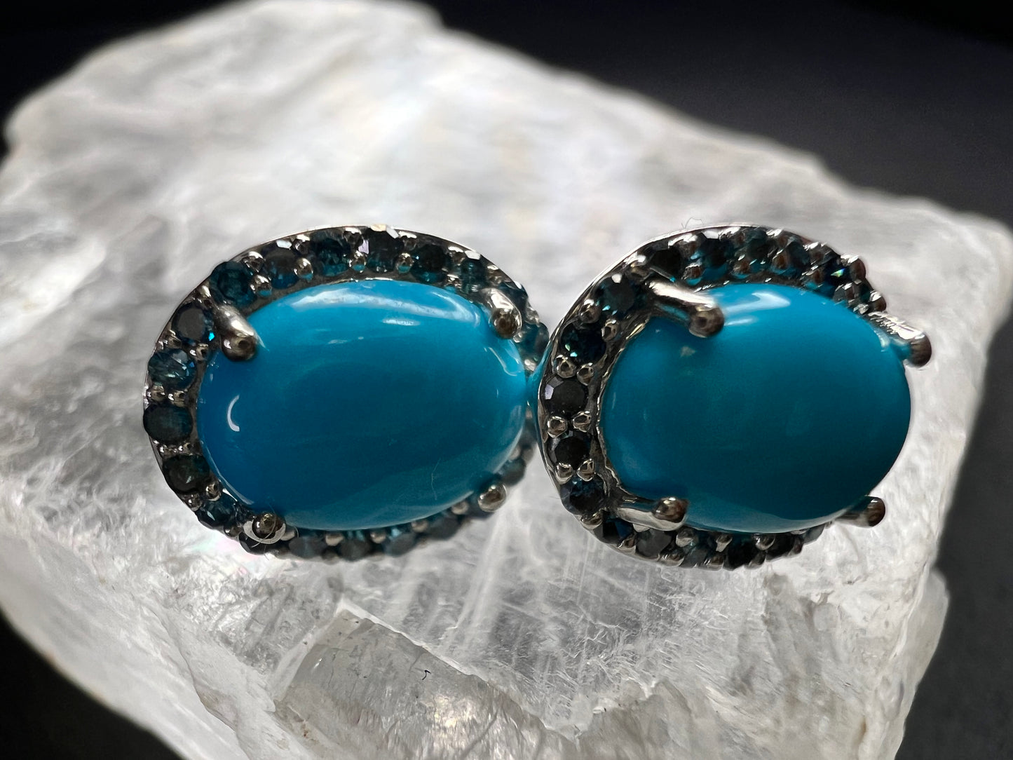 Turquoise & Blue Diamond Sterling Silver Halo Stud Earrings 925 Oval
