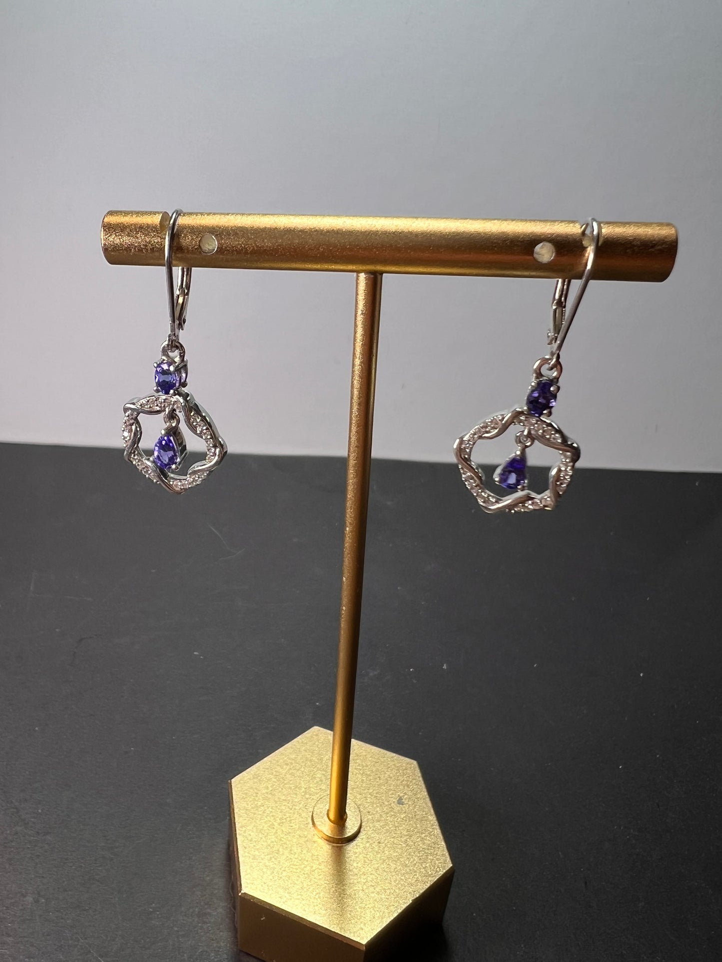 Tanzanite and diamond sterling silver drop earrings