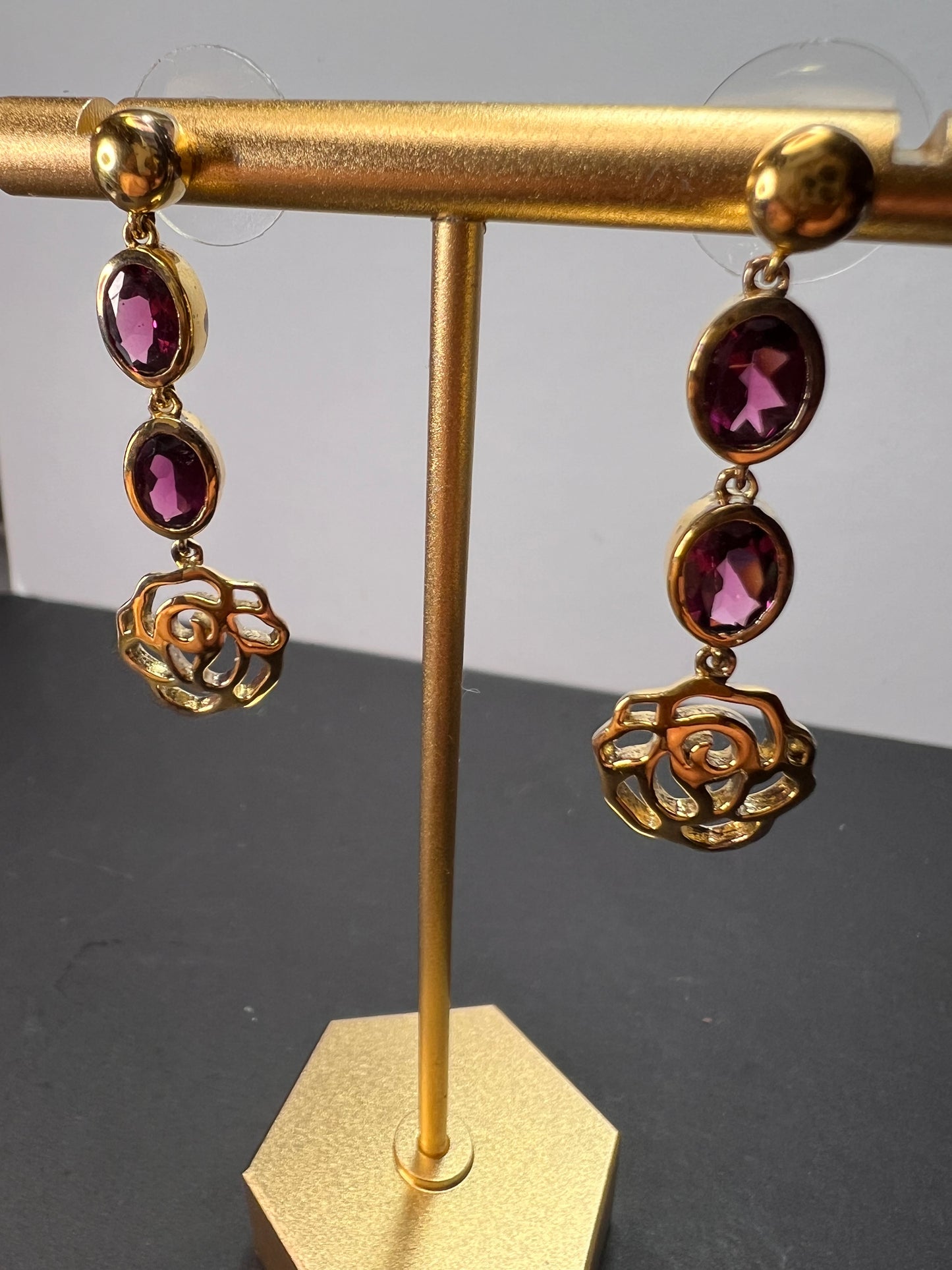 Grape rhodolite garnet dangle earrings in gold over sterling silver