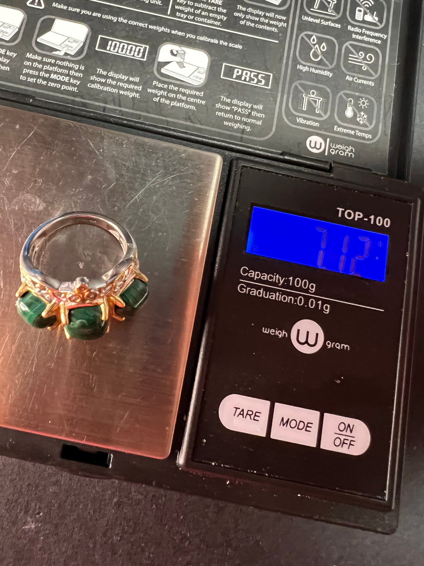 NEW Malachite and zircon two toned ring in vermeil and rhodium over sterling silver size 7