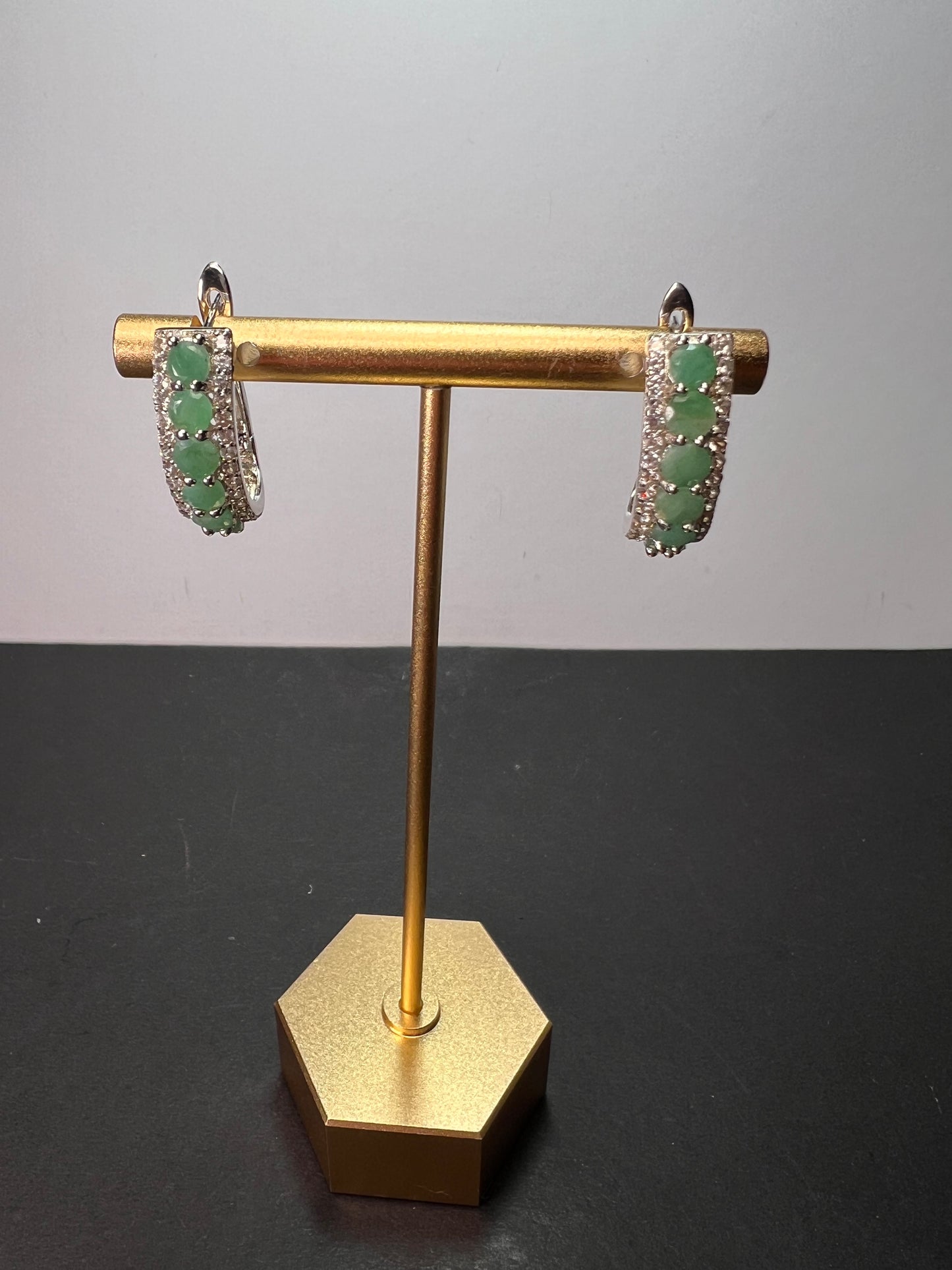 Green Emerald rhodium Over Silver J-Hoop Earrings 2.90ctw