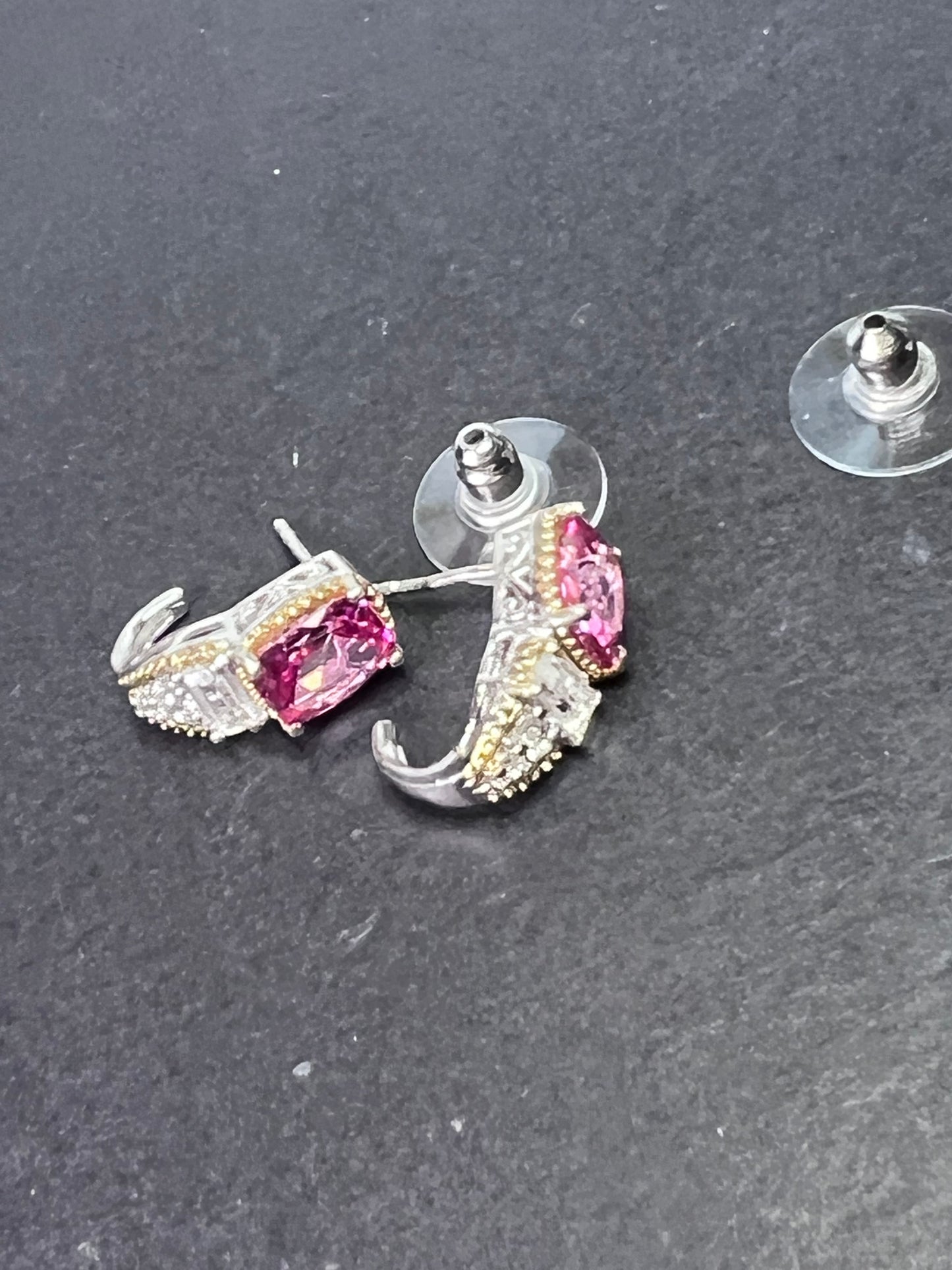 Pink spinel and white topaz sterling silver earrings