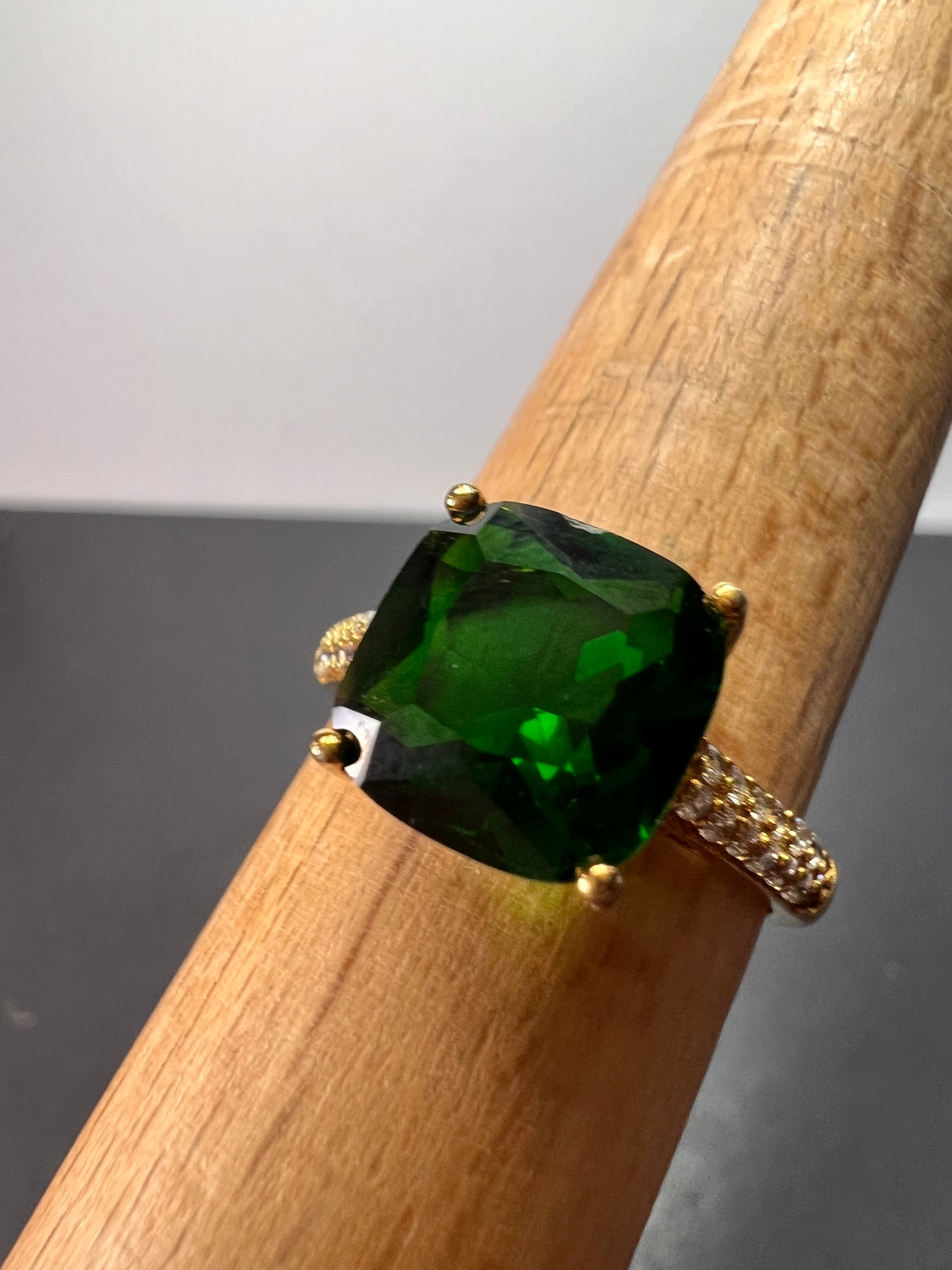 Green cushion cut CZ ring in gold over sterling silver size 9