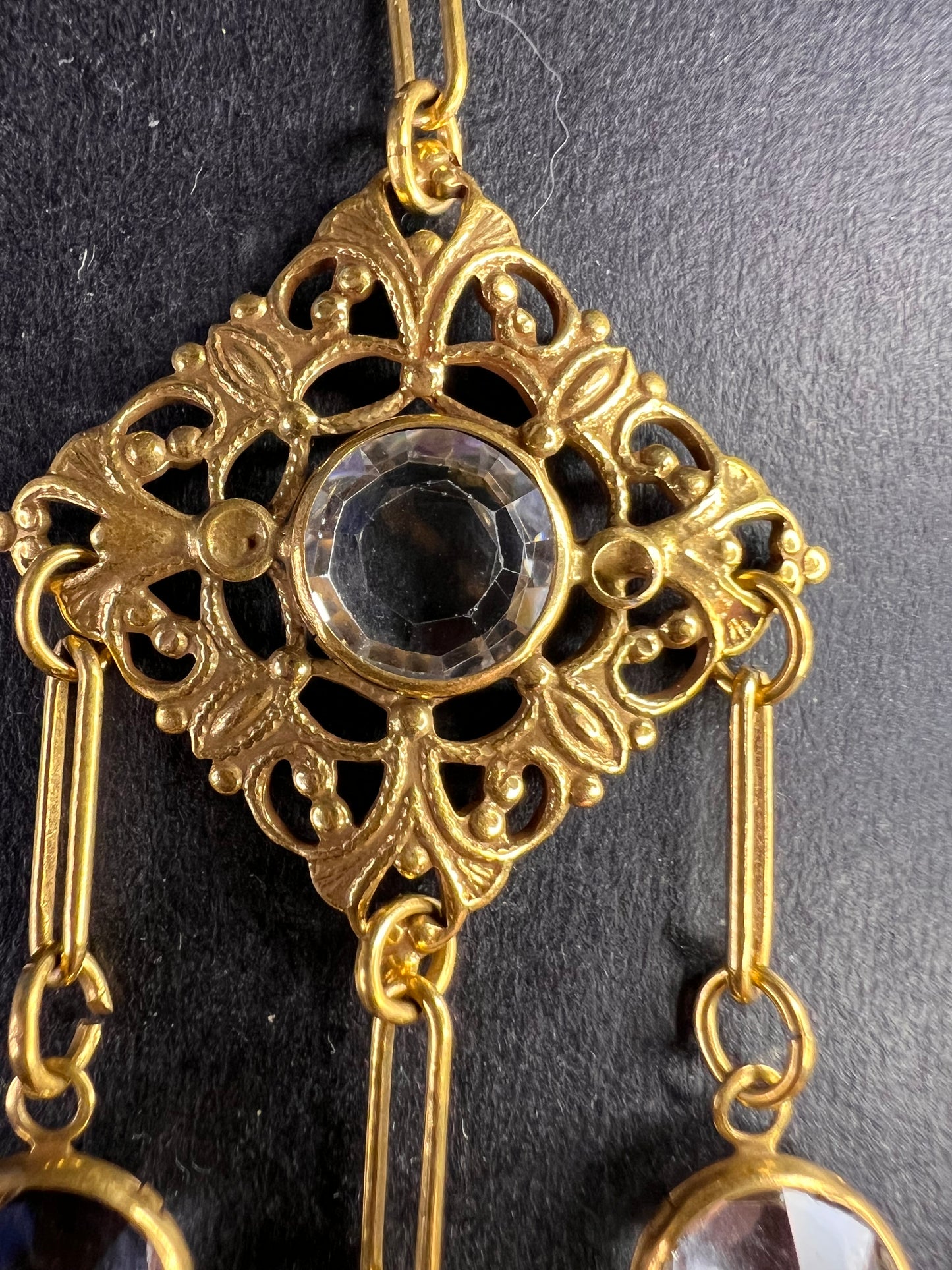 Vintage Victorian Revival Gold Tone Filigree Chandelier Necklace w/ Rivoli Glass