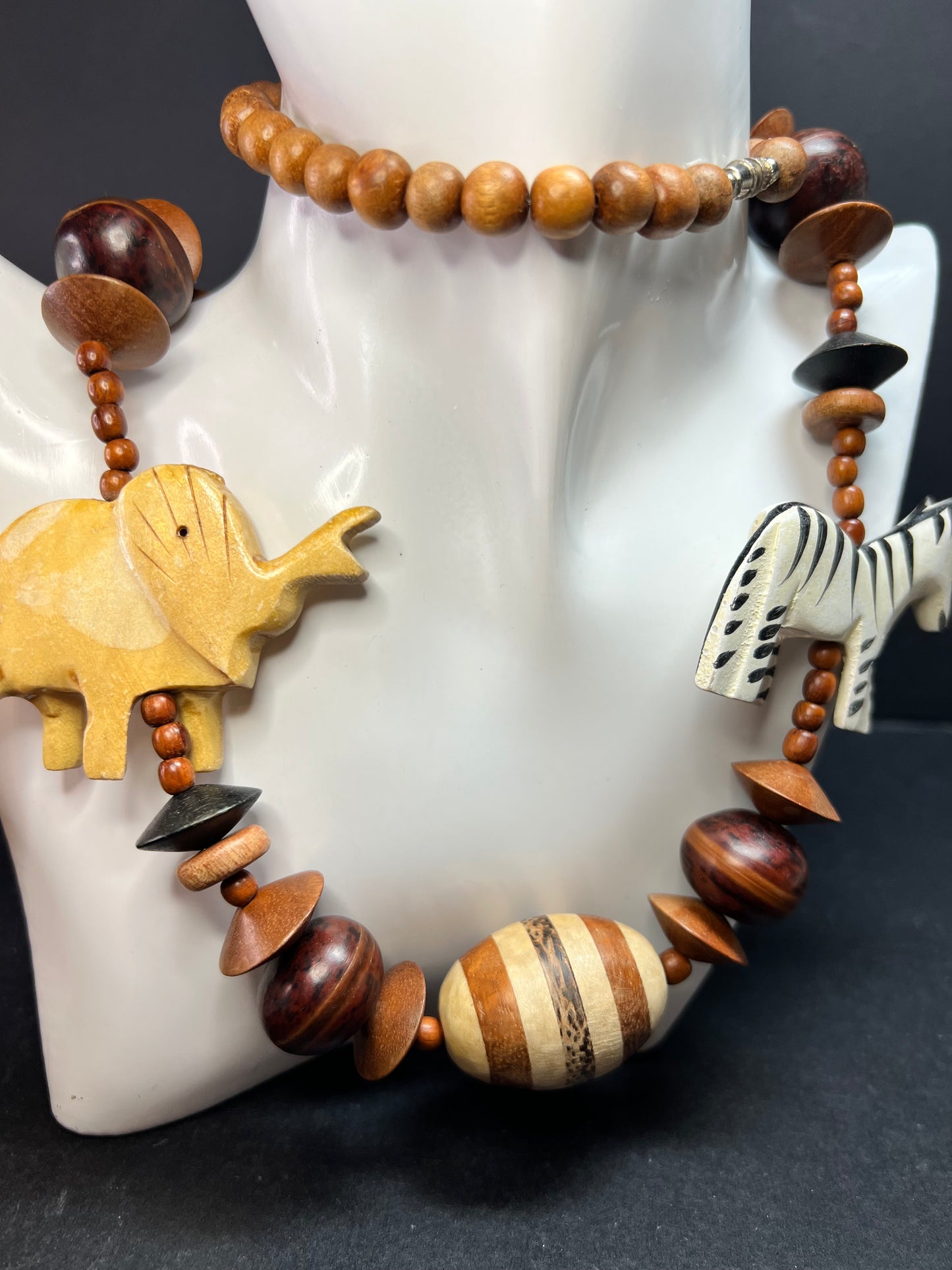 Vintage Carved Animal Wood Bead Statement Necklace 30”