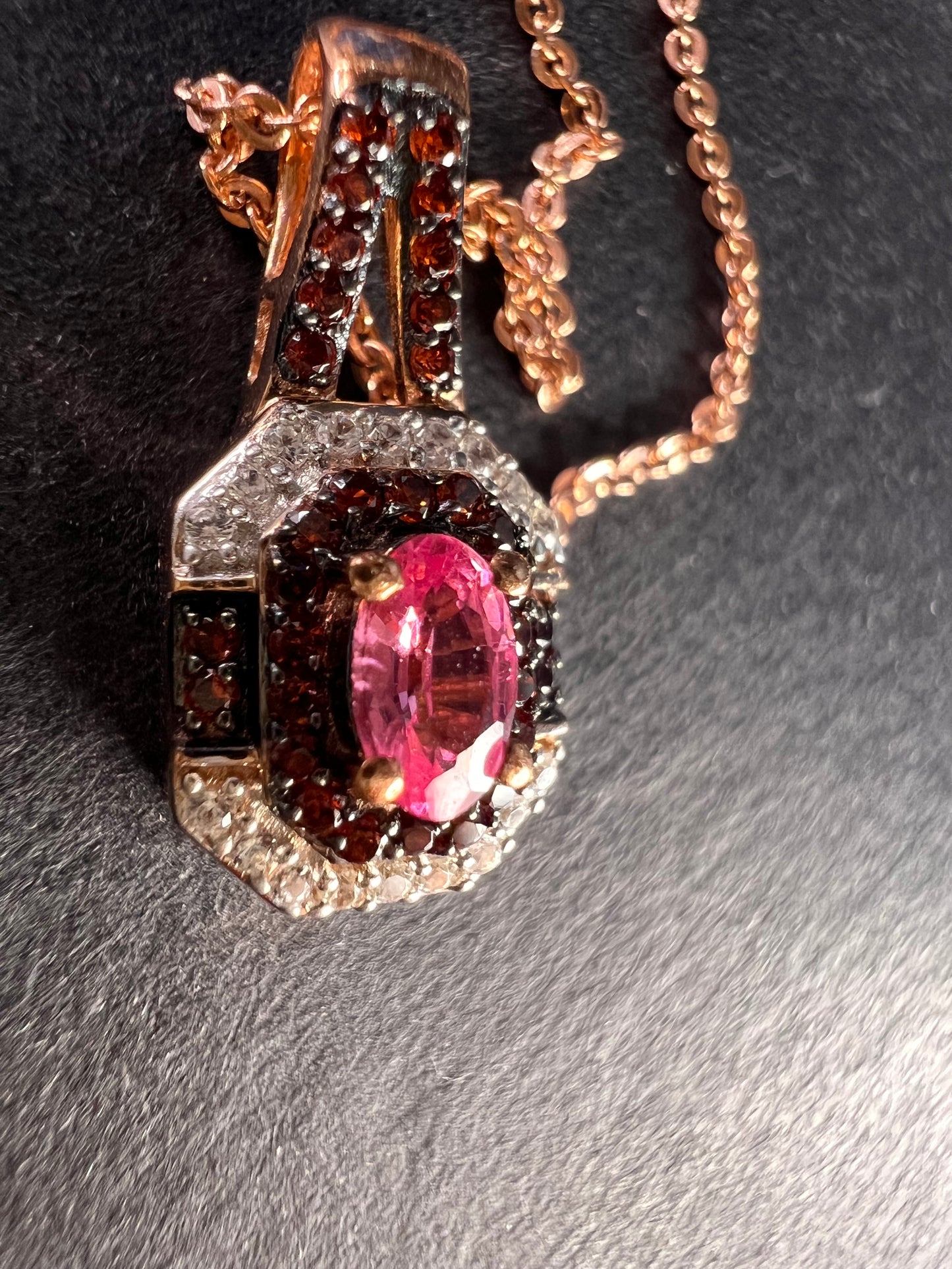 NEW Mahenge pink spinel and brown zircon art deco style pendant in rose gold over sterling silver