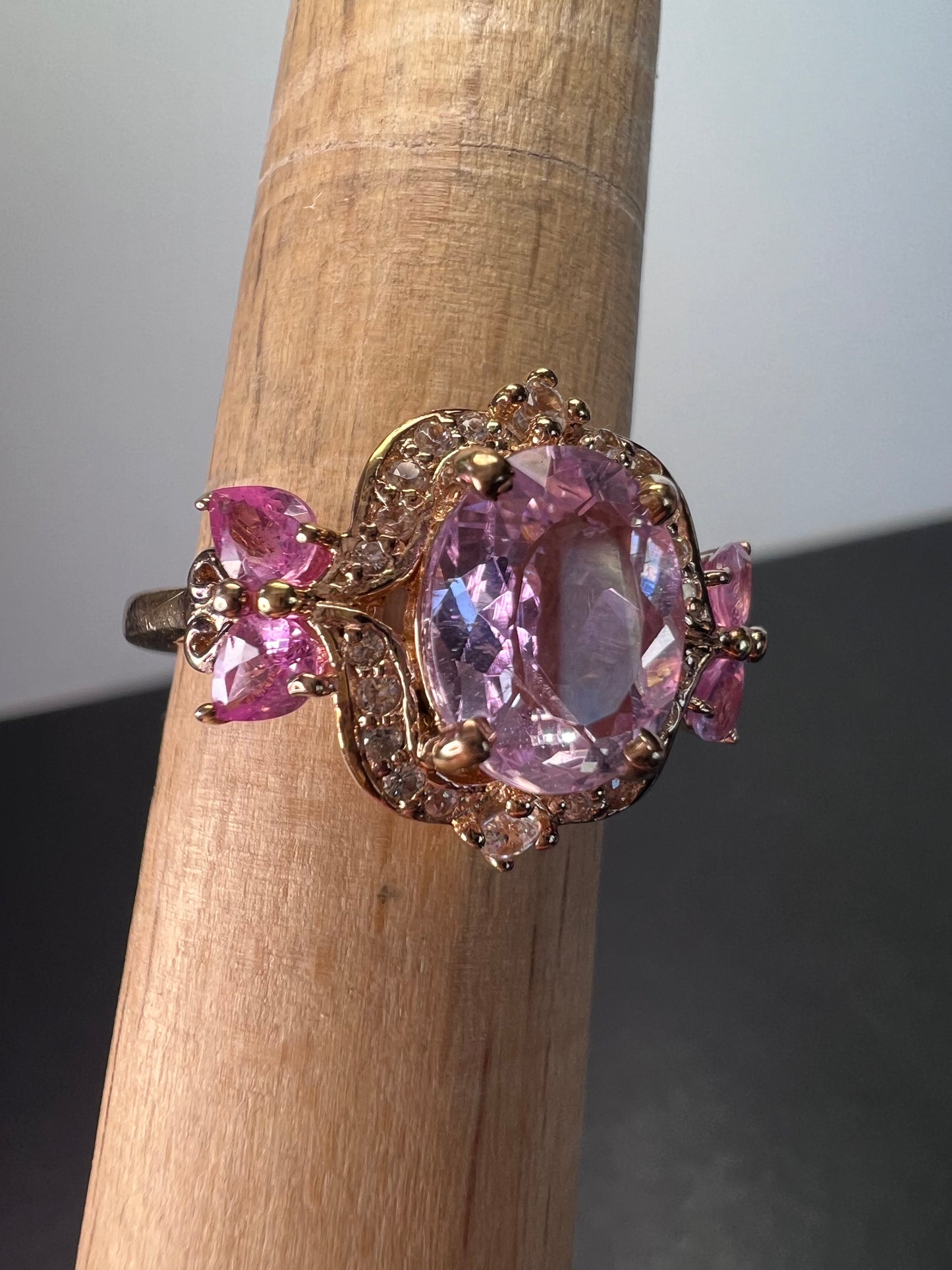 Kunzite and pink sapphire halo ring size 9