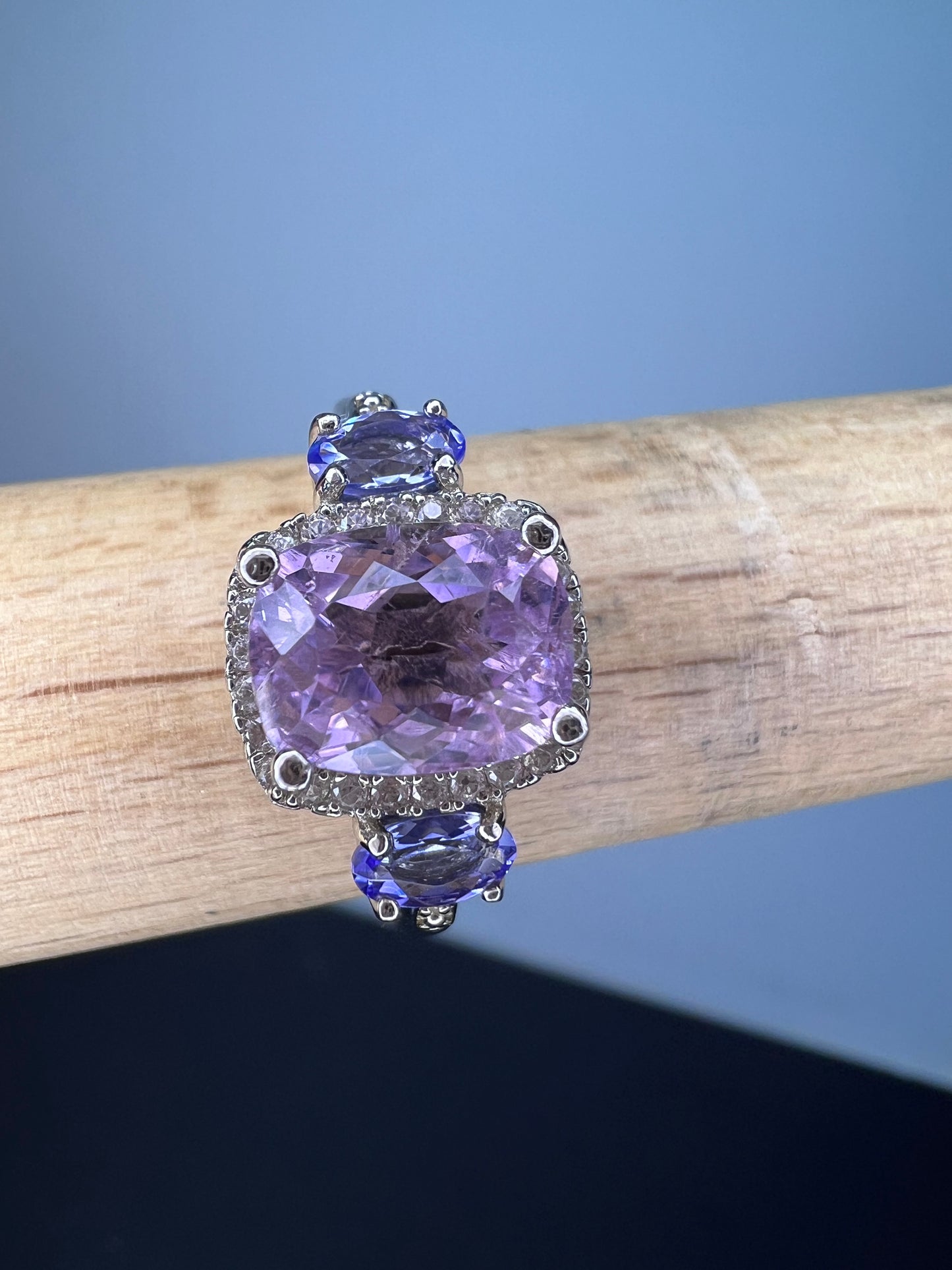 Kunzite, tanzanite and zircon halo ring size 9