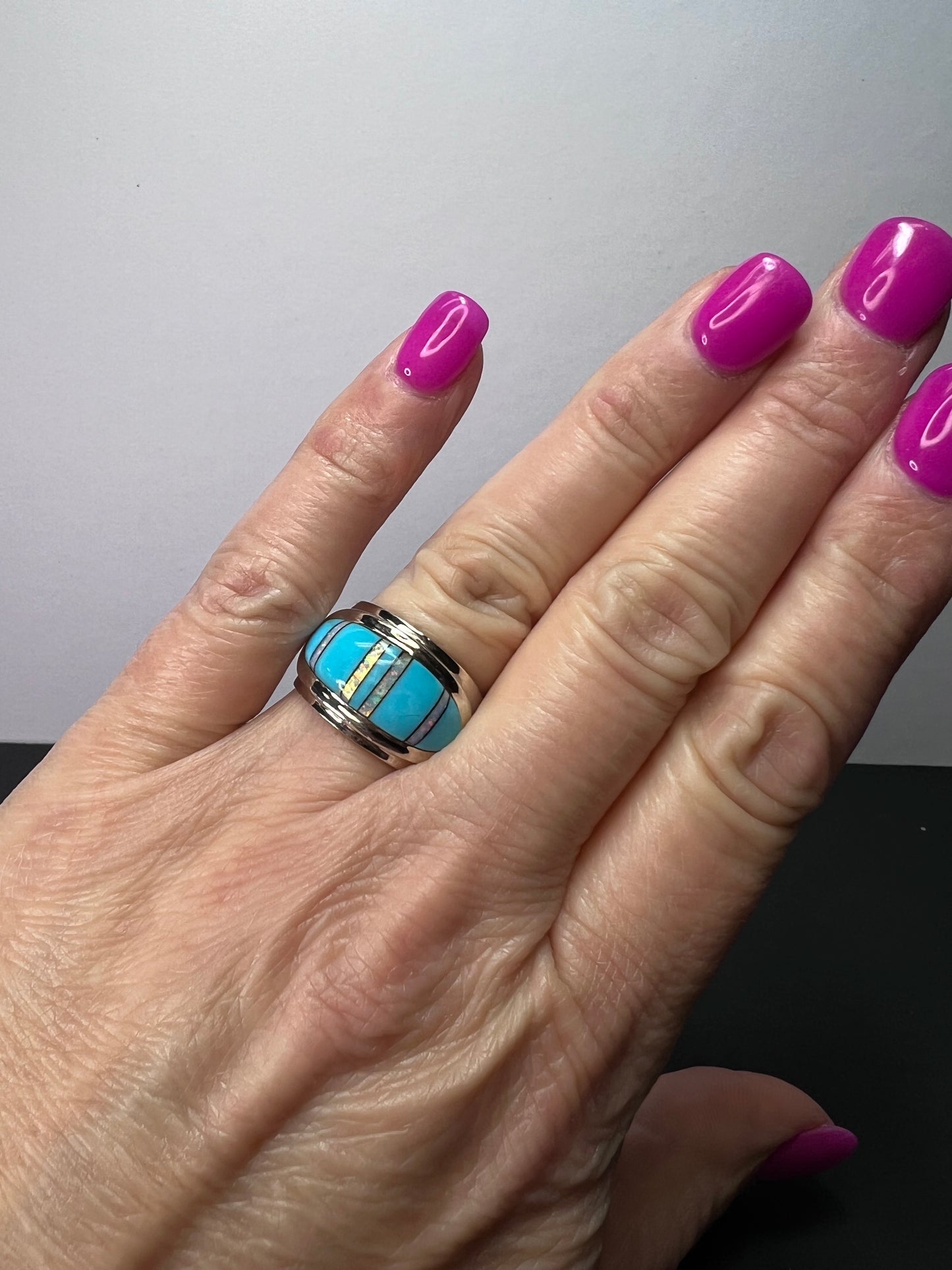 Turquoise lab opal sterling size ring size 7.5