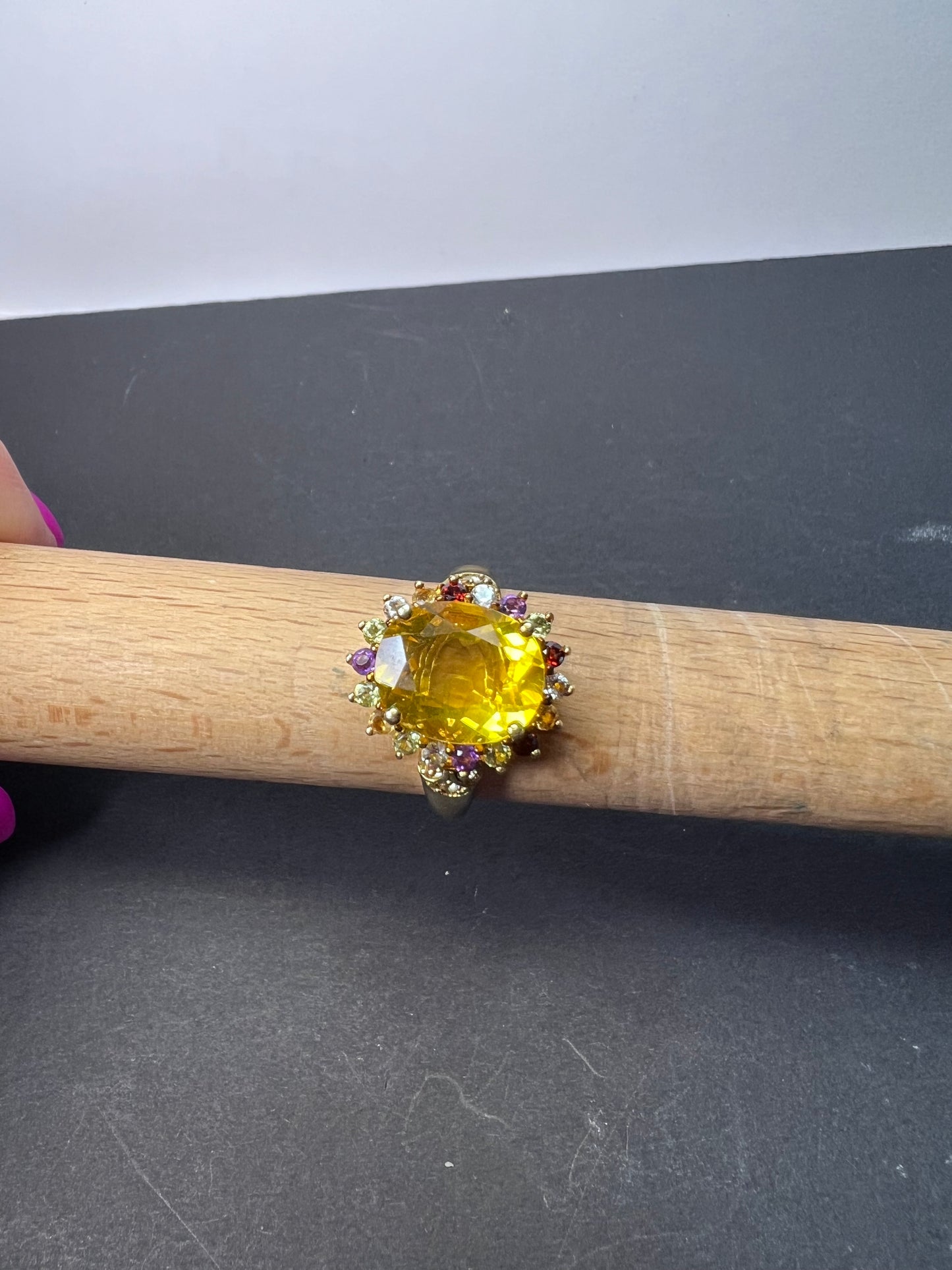 Yellow topaz multi stone gold over sterling silver halo cocktail ring size 8