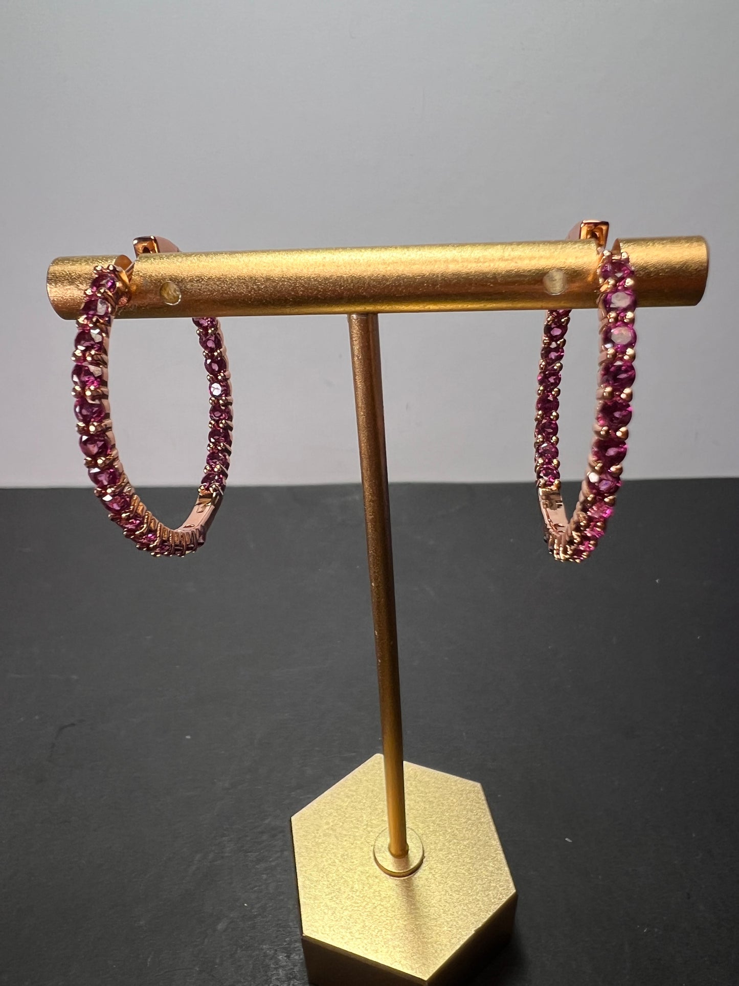 Raspberry rhodolite garnet inside out hoop rose gold over sterling silver earrings