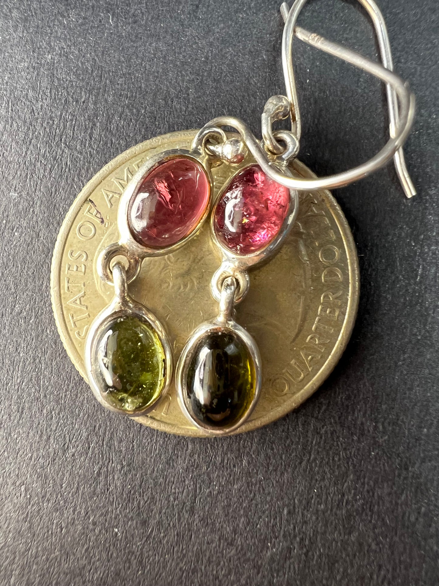 Vintage Sterling Silver Pink & Green Tourmaline Dangle Earrings Nature Company