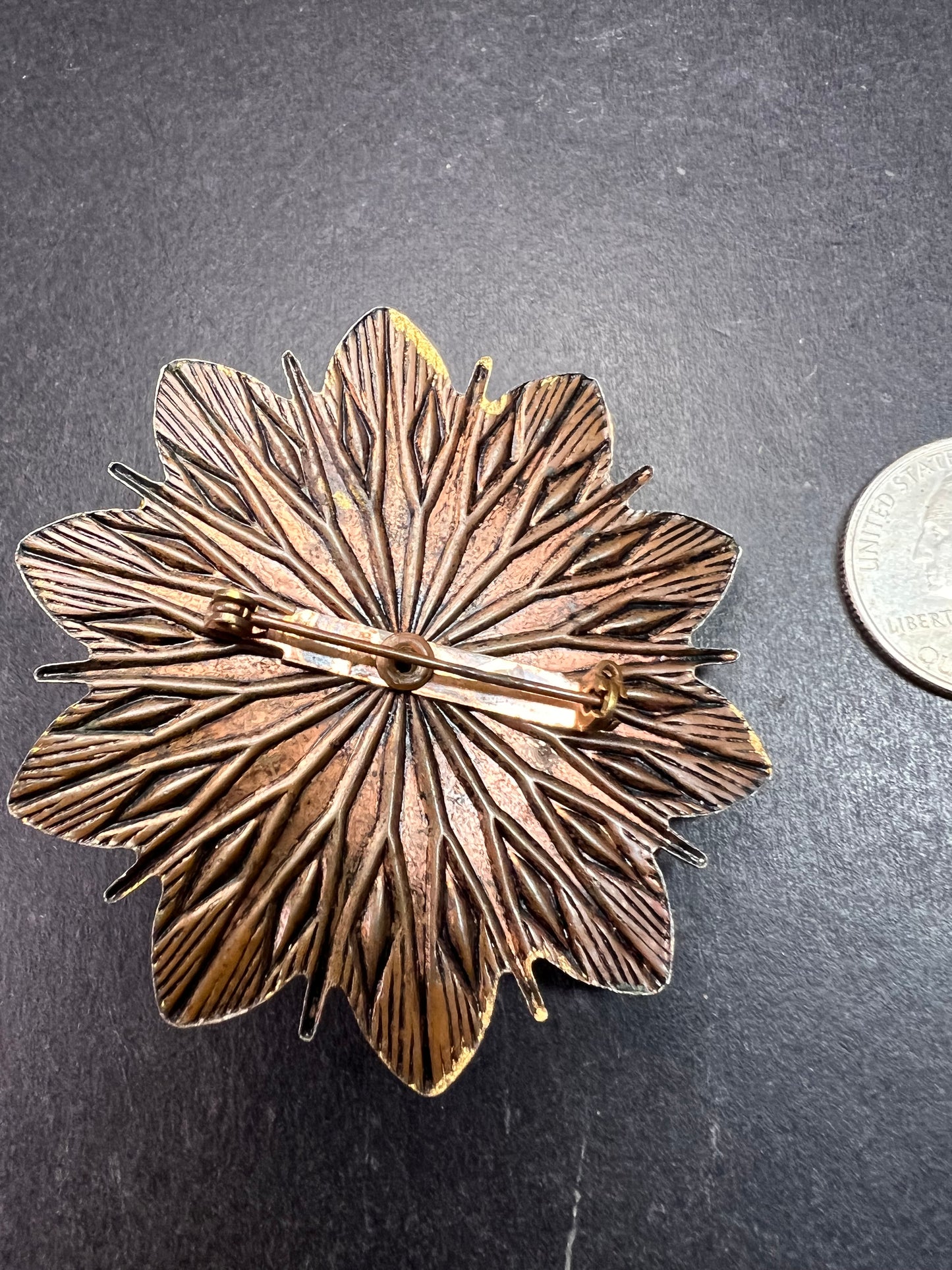 Vintage DeNicola Style Floral Brooch Gold Tone Faux Turquoise Glitter Cab