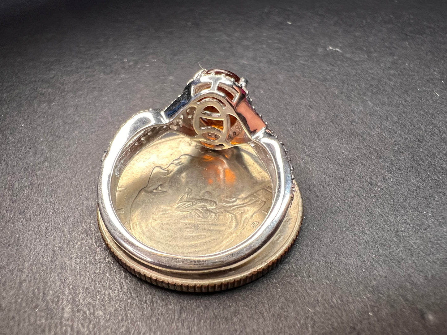 NEW Ceylon Hessonite garnet and zircon ring in rhodium over sterling silver size 7