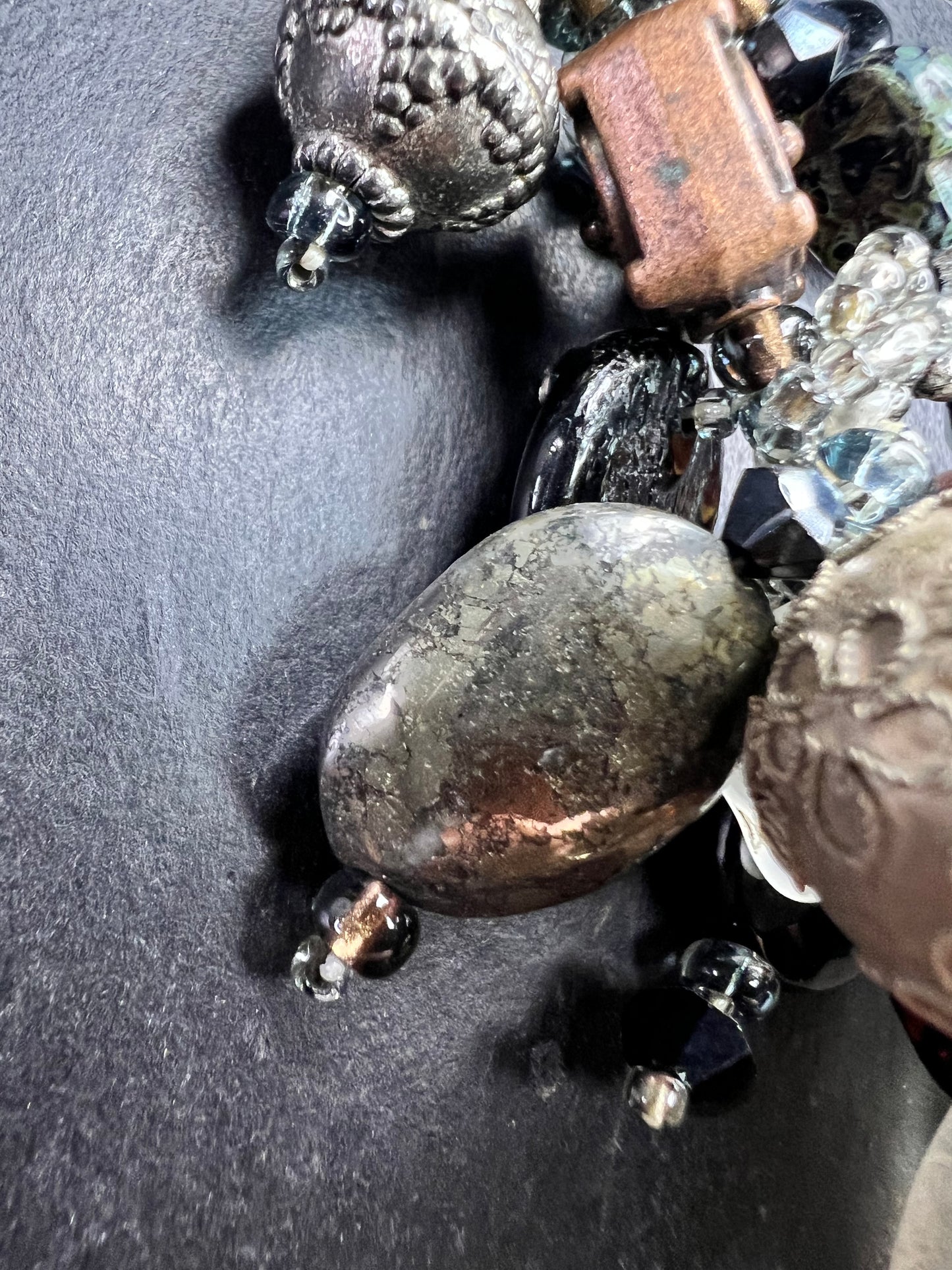 Artisan Copper Wire Necklace Glass Onyx Pyrite Amber Pearl 17”