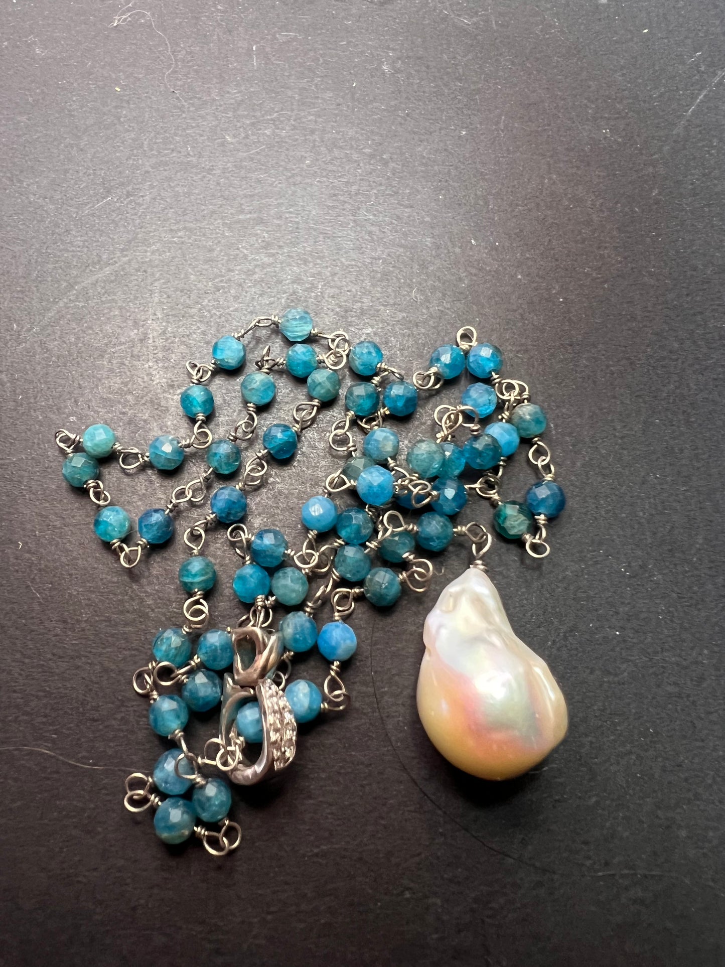 Blue apatite baroque pearl lariat sterling silver necklace