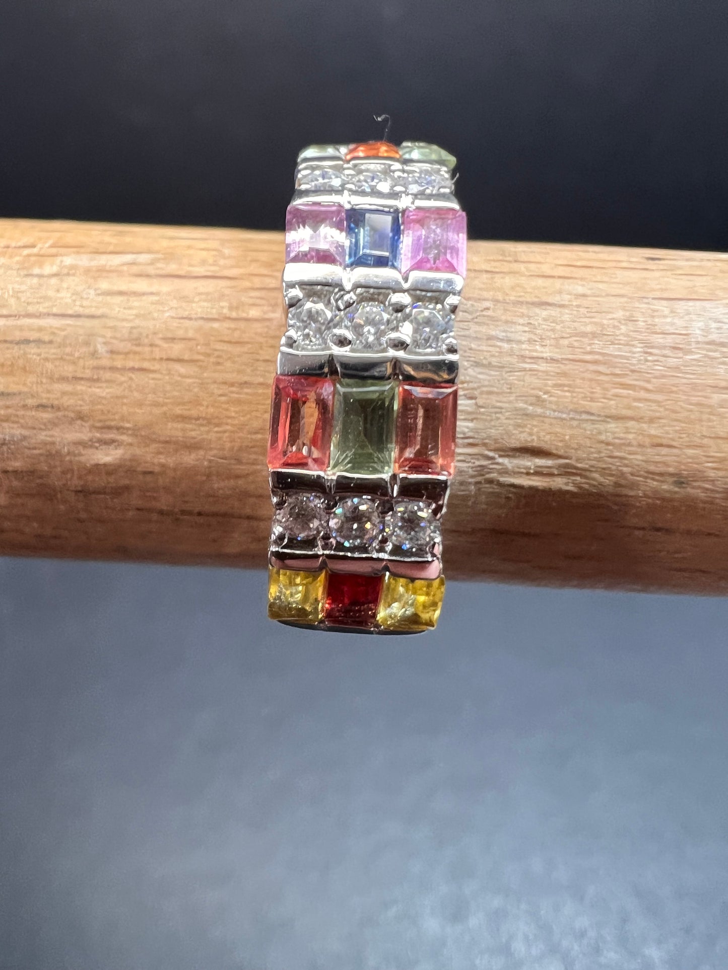 NEW multi sapphire and moissanite art deco style ring in rhodium over sterling silver size 5