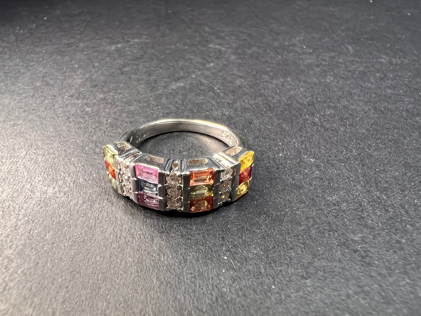 NEW multi sapphire and moissanite art deco style ring in rhodium over sterling silver size 5
