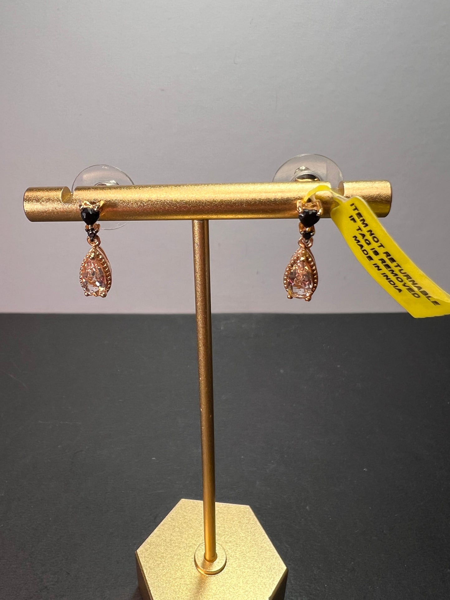 Peach morganite and black spinel heart rose gold over sterling silver earrings