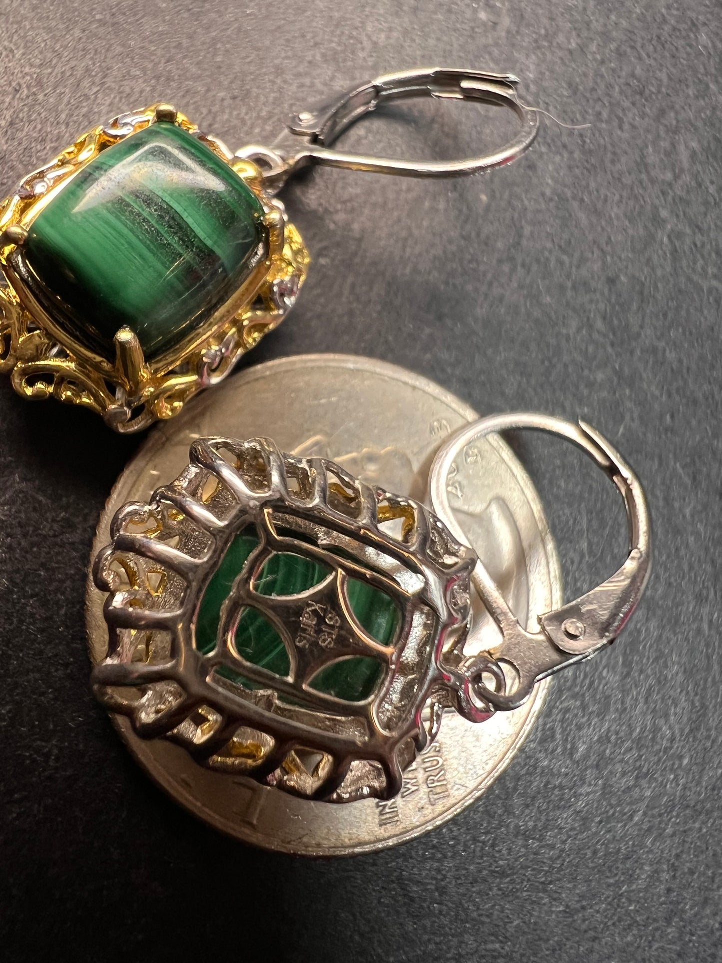 New Karis Platinum & 18K Gold Plated Malachite Leverback Earrings