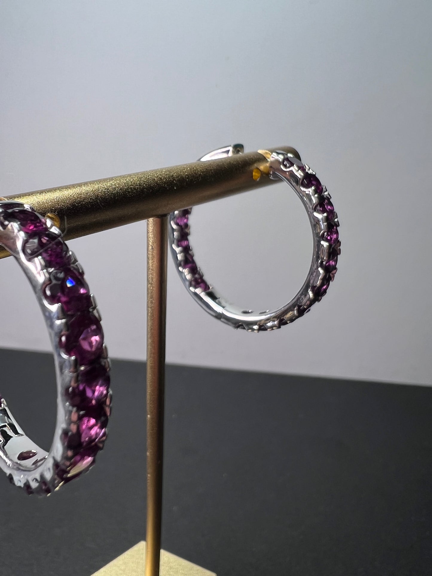 Grape rhodolite garnet hoop earrings in sterling silver