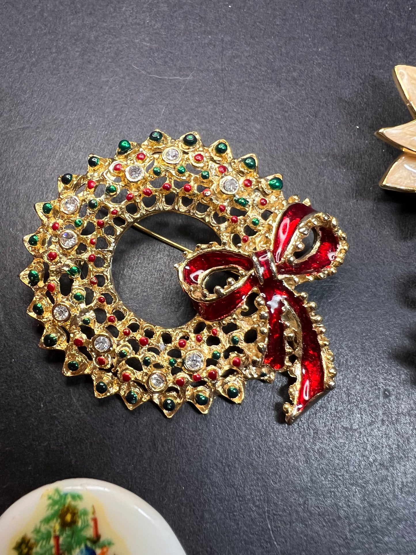 Vintage Christmas Brooch Lot of 6 Holiday Wreath Cat Tree Enamel Pins