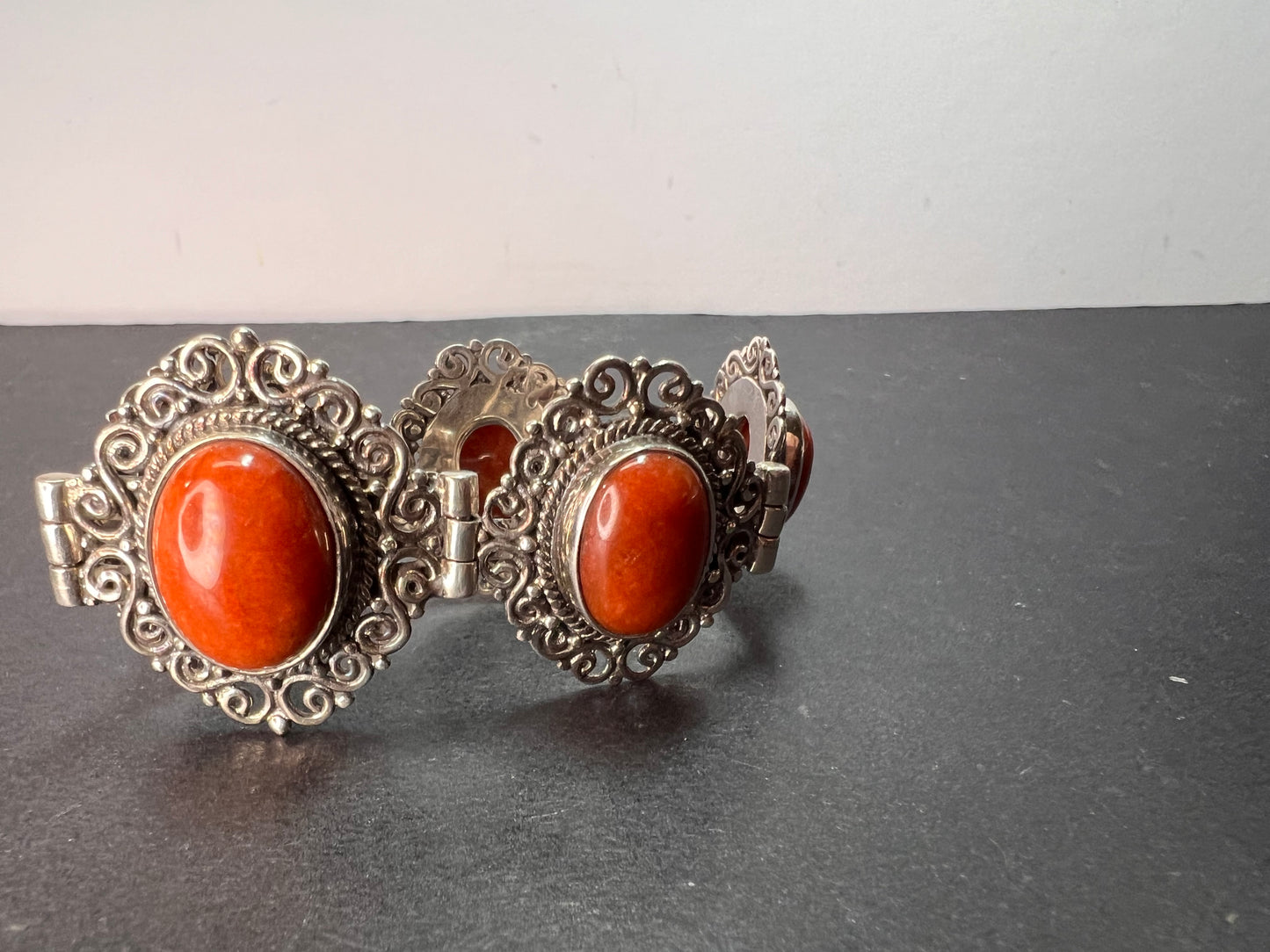 Red orange jade ornate sterling silver toggle bracelet