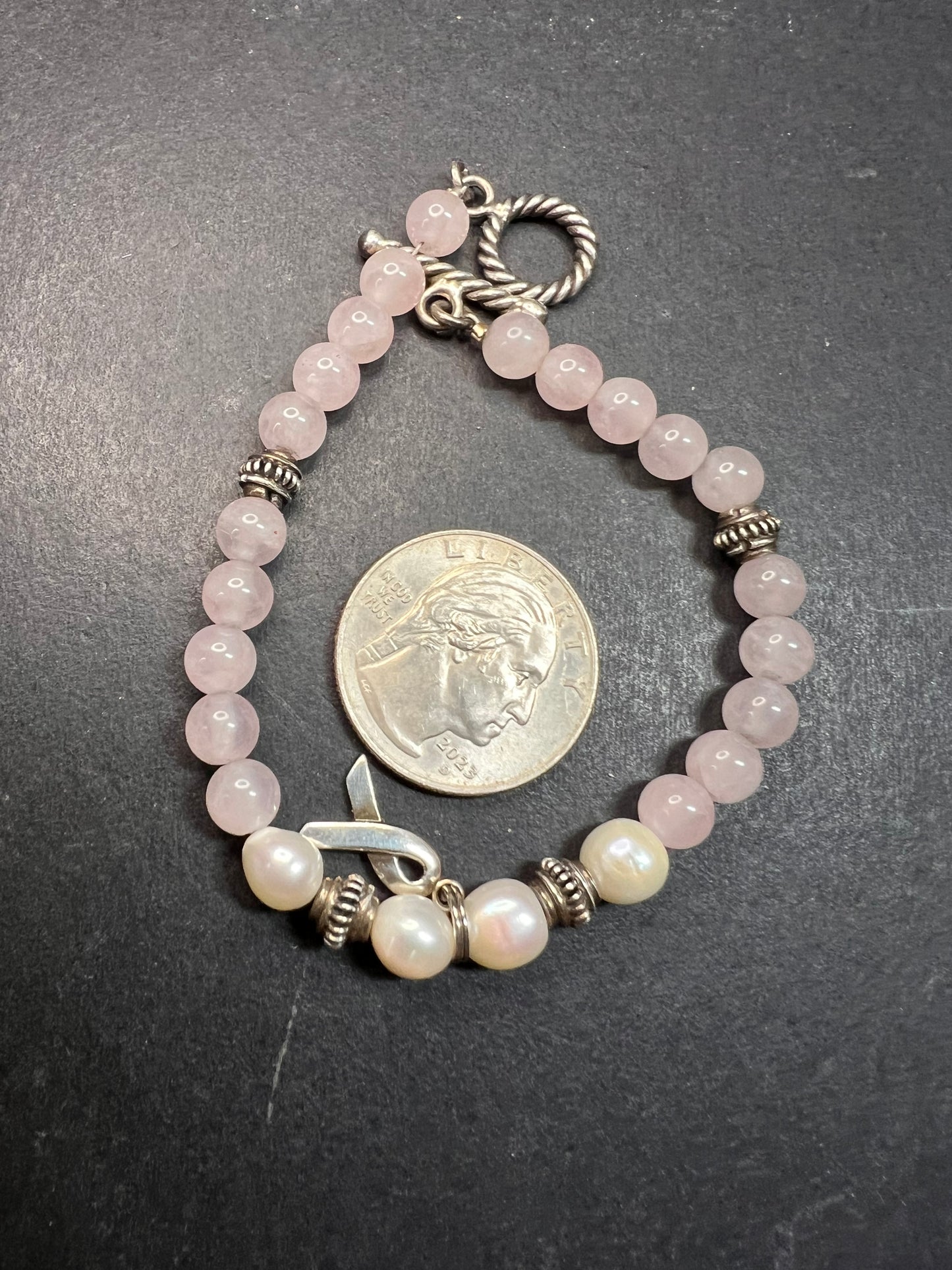 Vintage rose quartz, freshwater pearls, and sterling silver breast cancer awareness bracelet