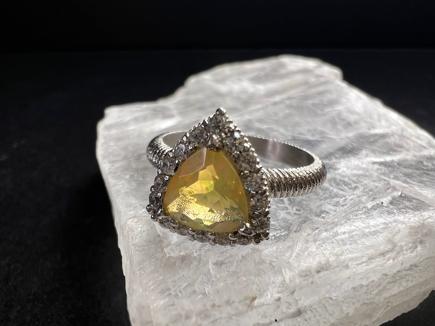 Ethiopian Opal Halo Ring Sterling Silver Size 7 Trillion Cut
