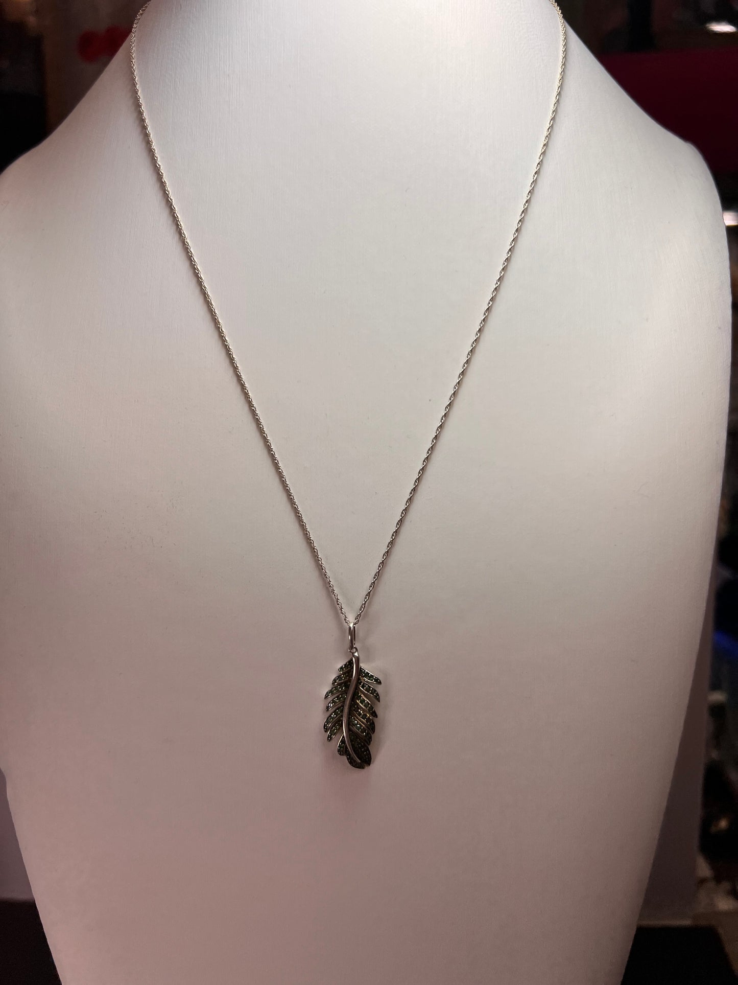 Natural green diamonds feather pendant and chain necklace in white gold over sterling silver