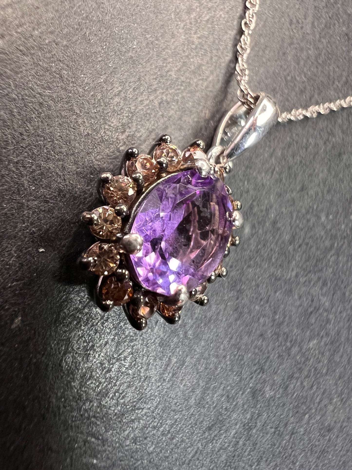 NEW Moroccan rose amethyst and brown zircon halo pendant in sterling silver with vintage chain