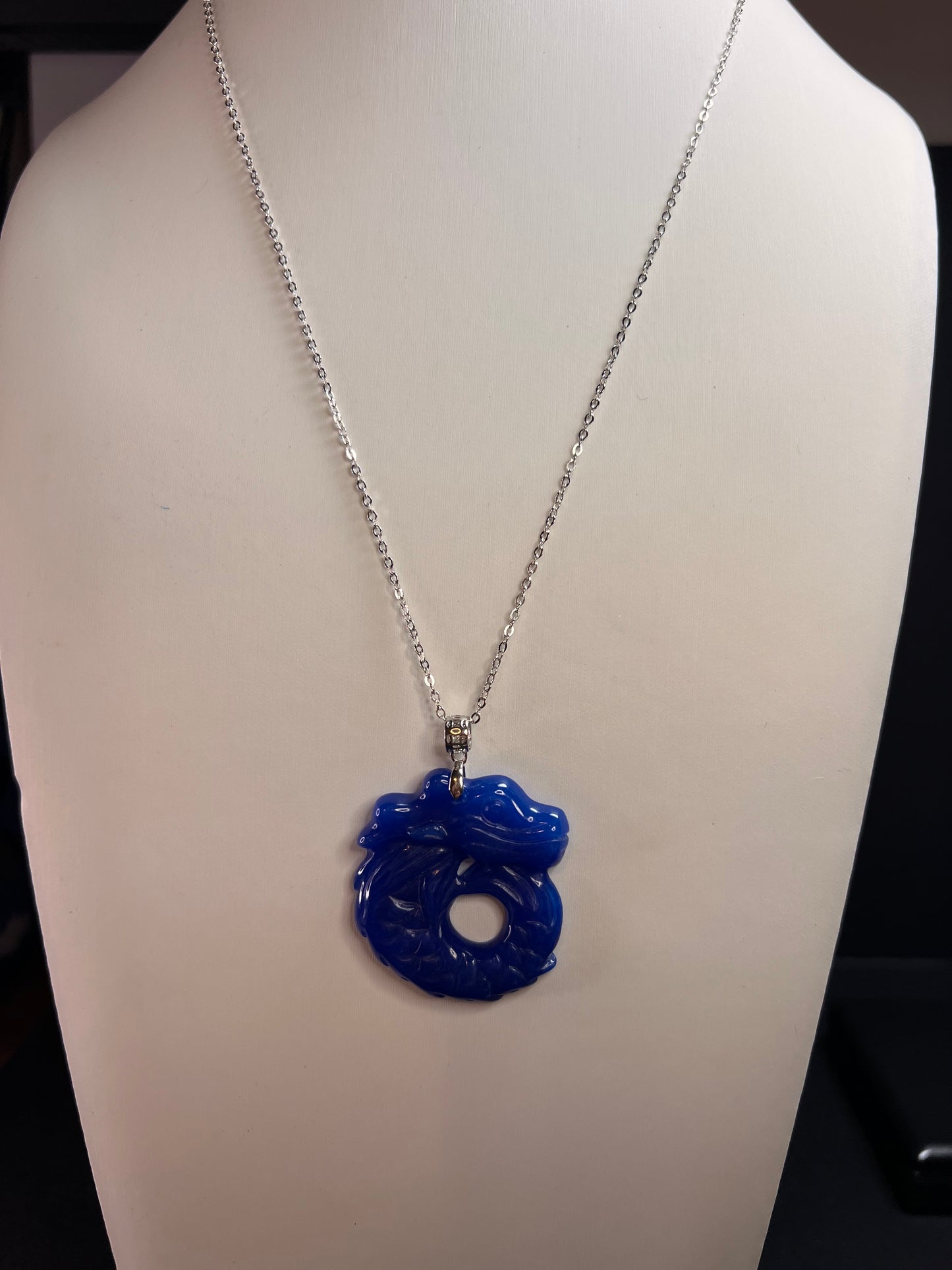 NEW Blue Jade dragon sterling silver pendant and chain